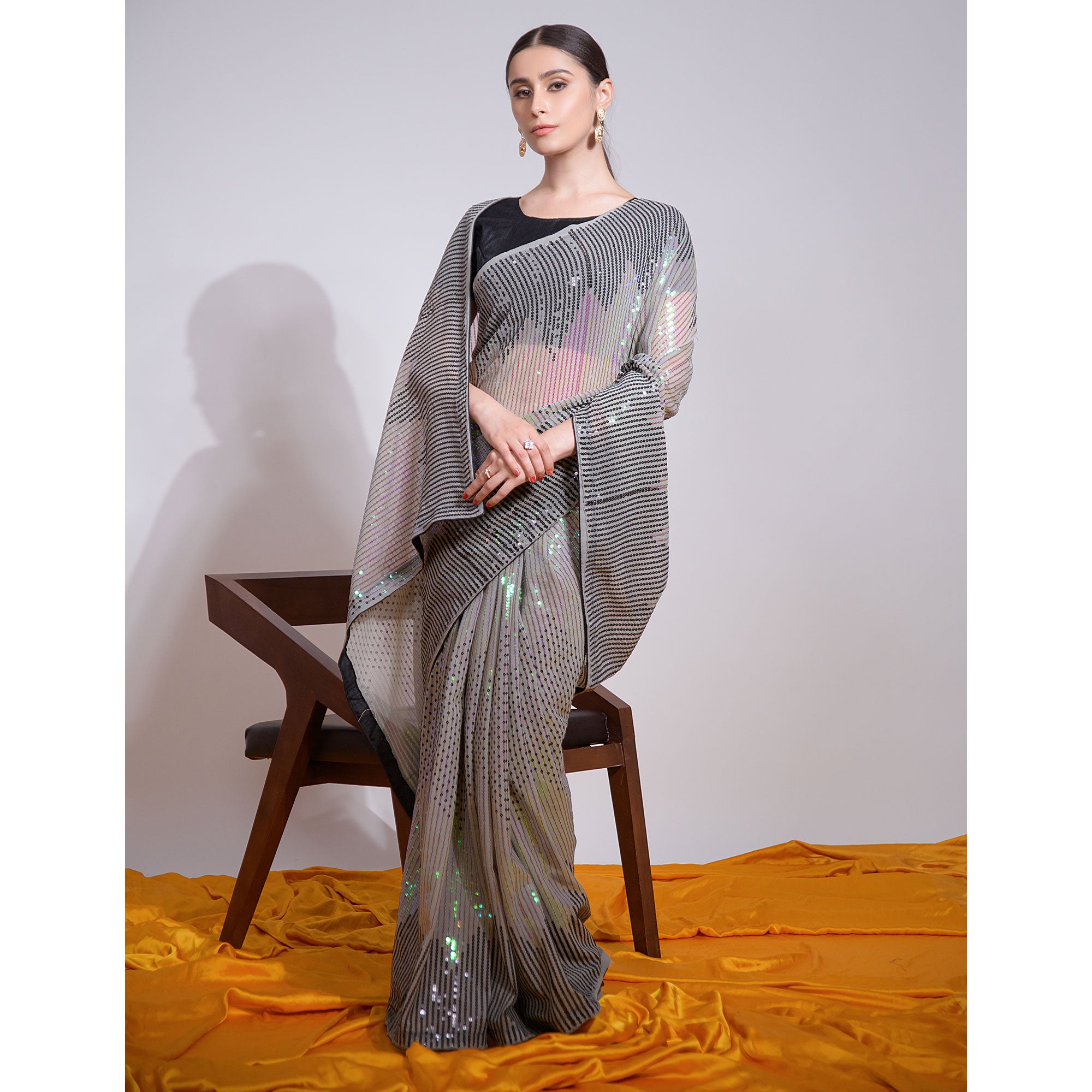 Grey Sequins Embroidered Georgette Saree