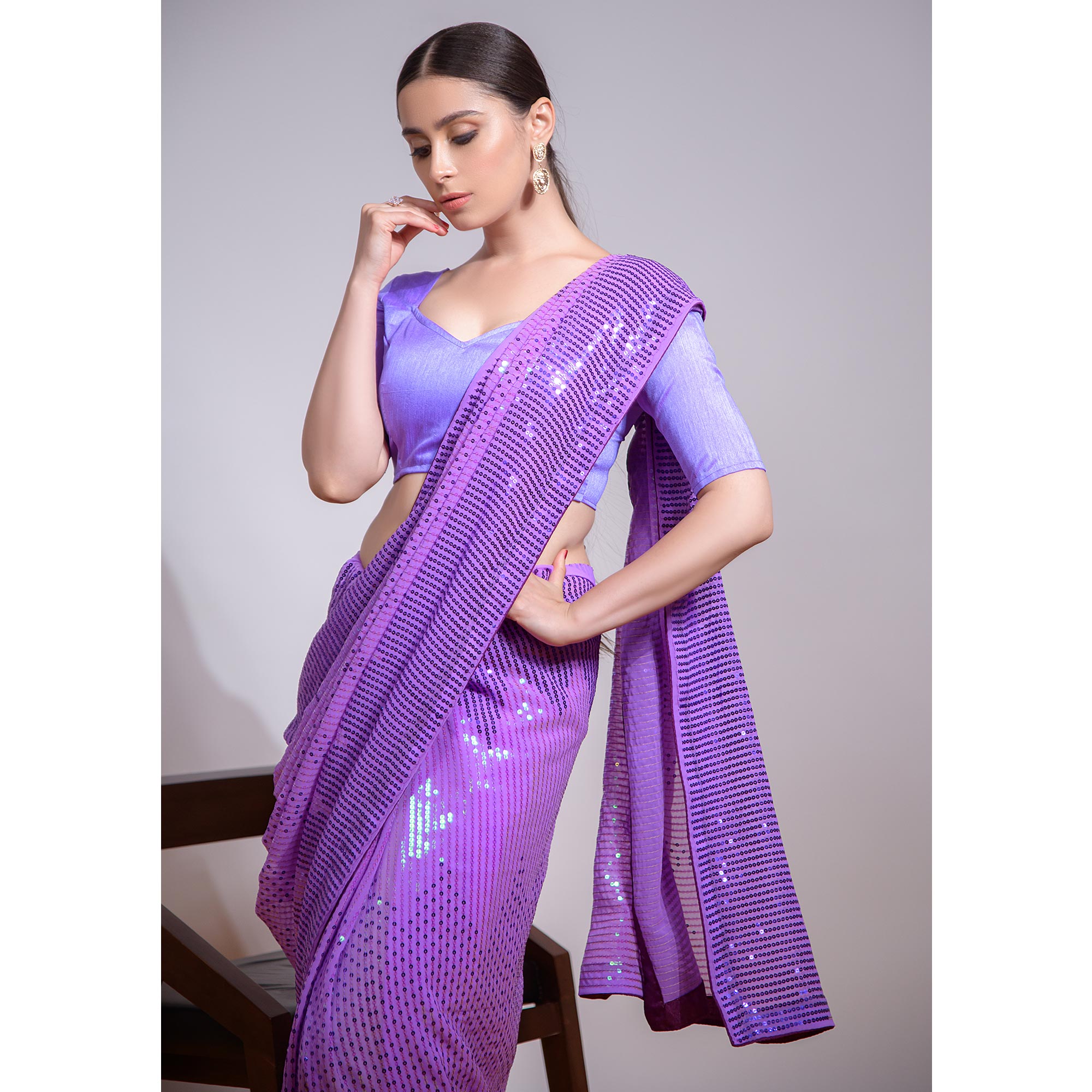 Purple Sequins Embroidered Georgette Saree 