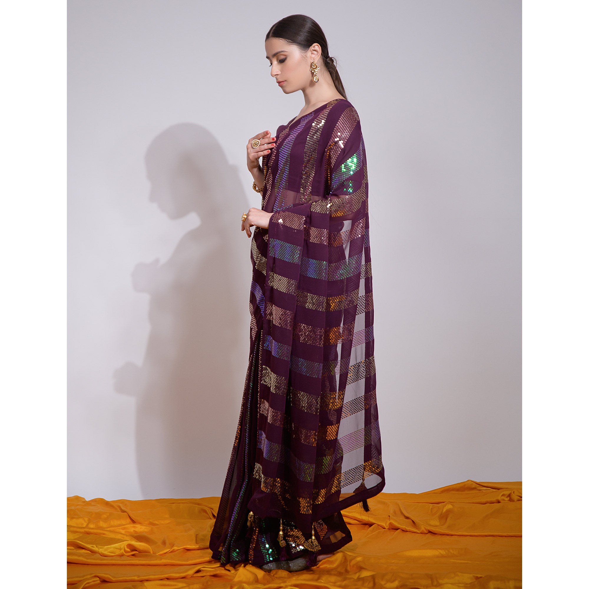 Wine Sequins Embroidered Georgette Saree