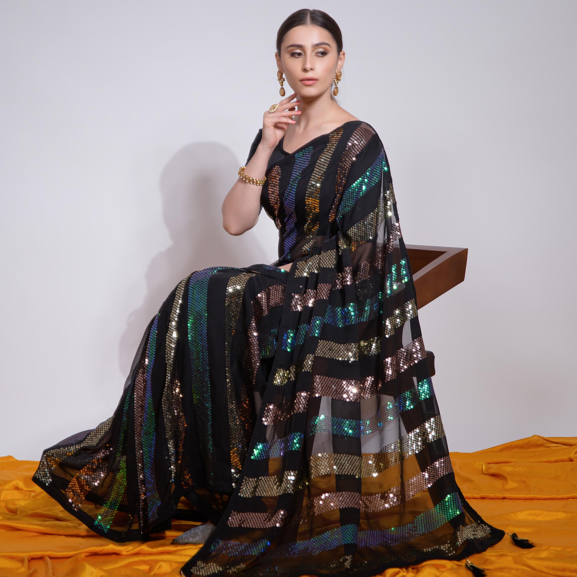 Black Sequins Embroidered Georgette Saree