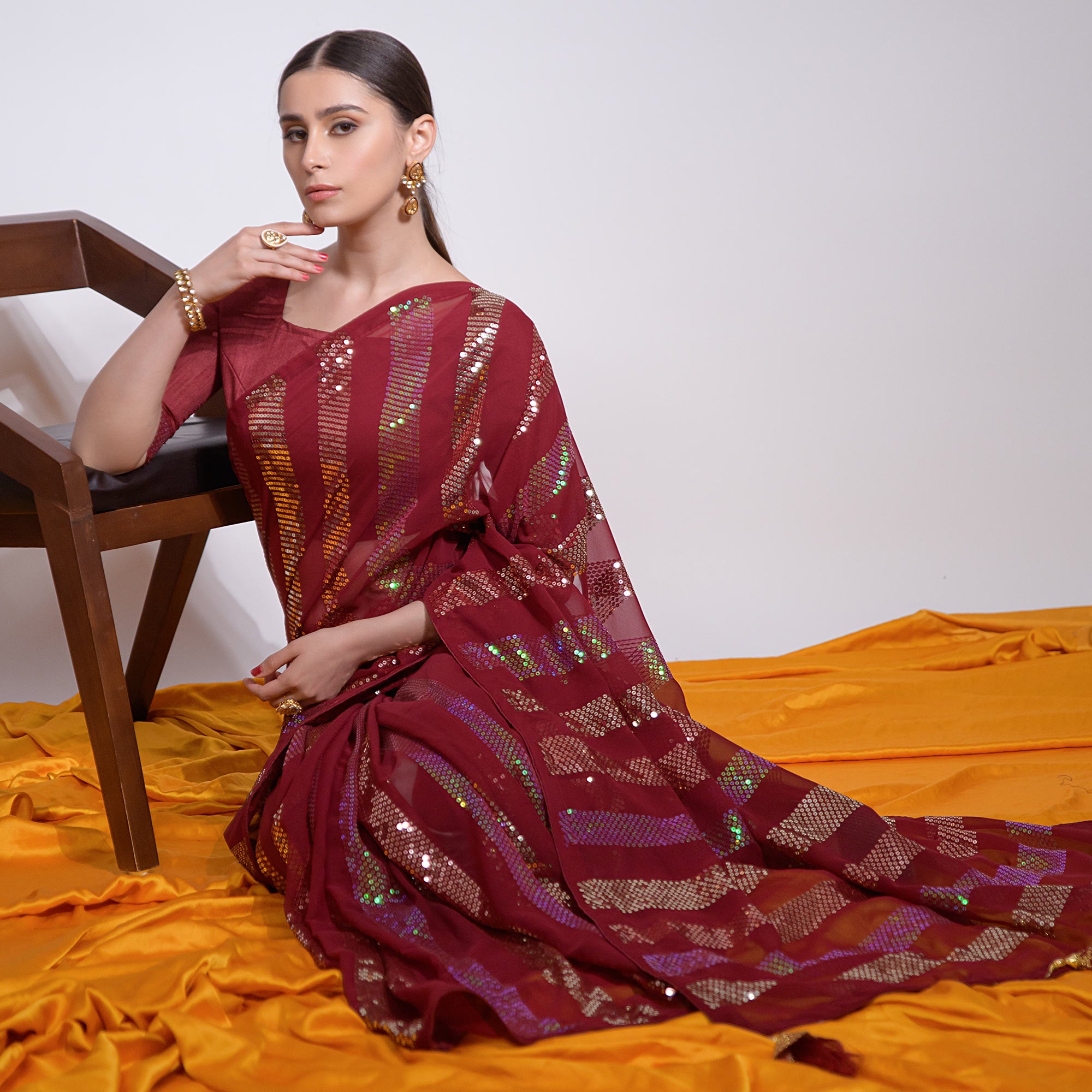 Maroon Sequins Embroidered Georgette Saree