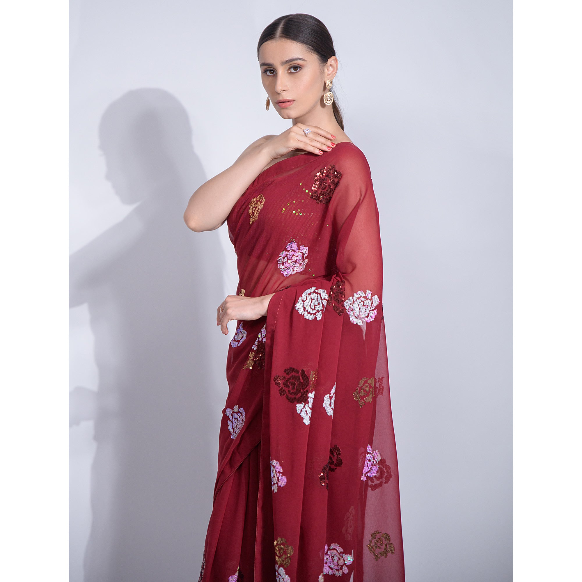 Maroon Sequins Embroidered Georgette Saree