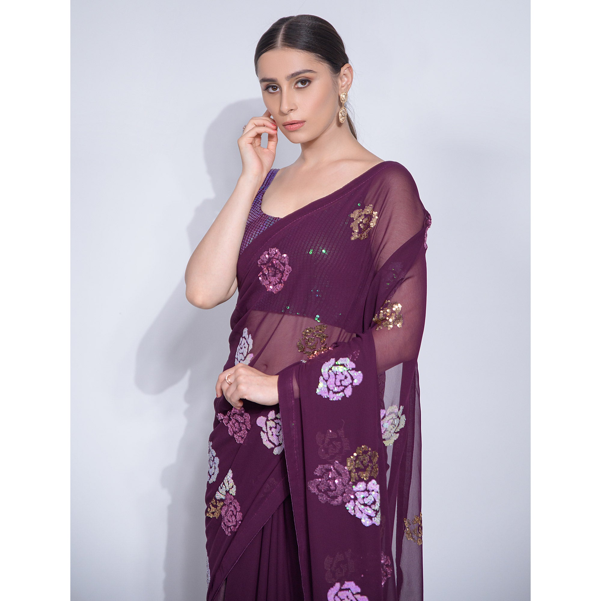 Wine Sequins Embroidered Georgette Saree