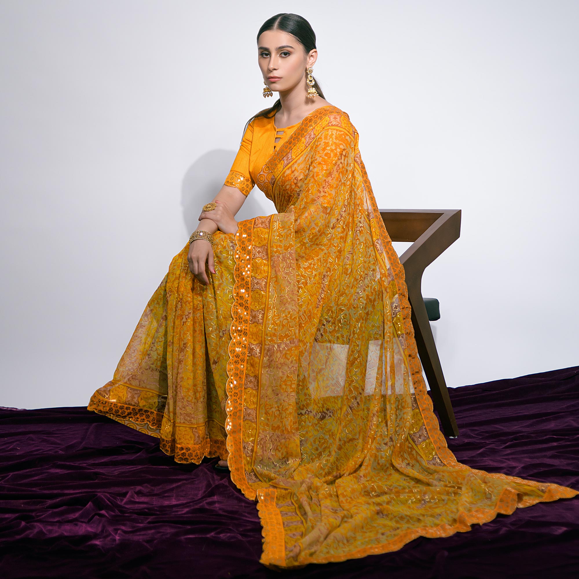 Yellow Foil Printed Chiffon Saree With Embroidered Border