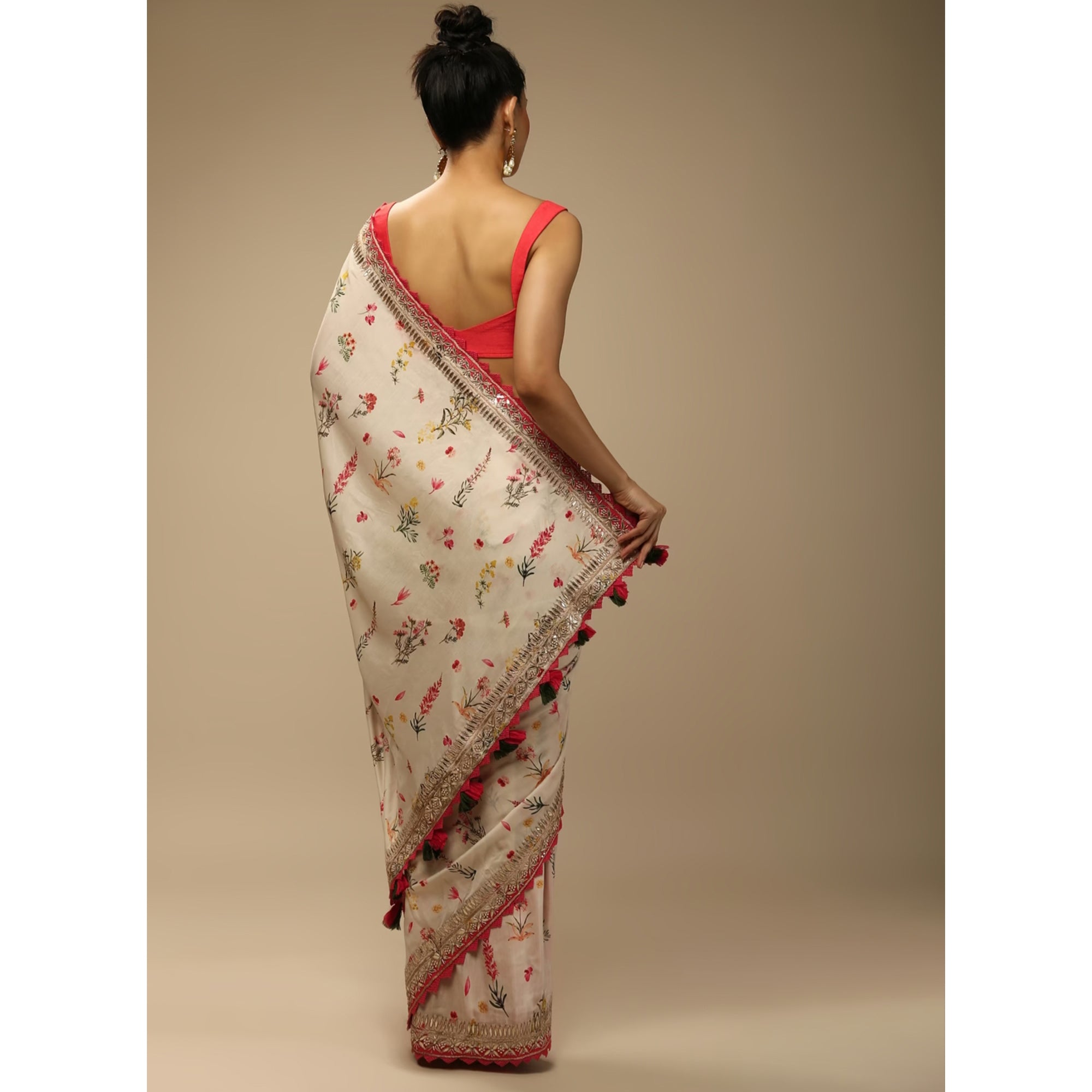 Off White Floral Printed Chinon Saree