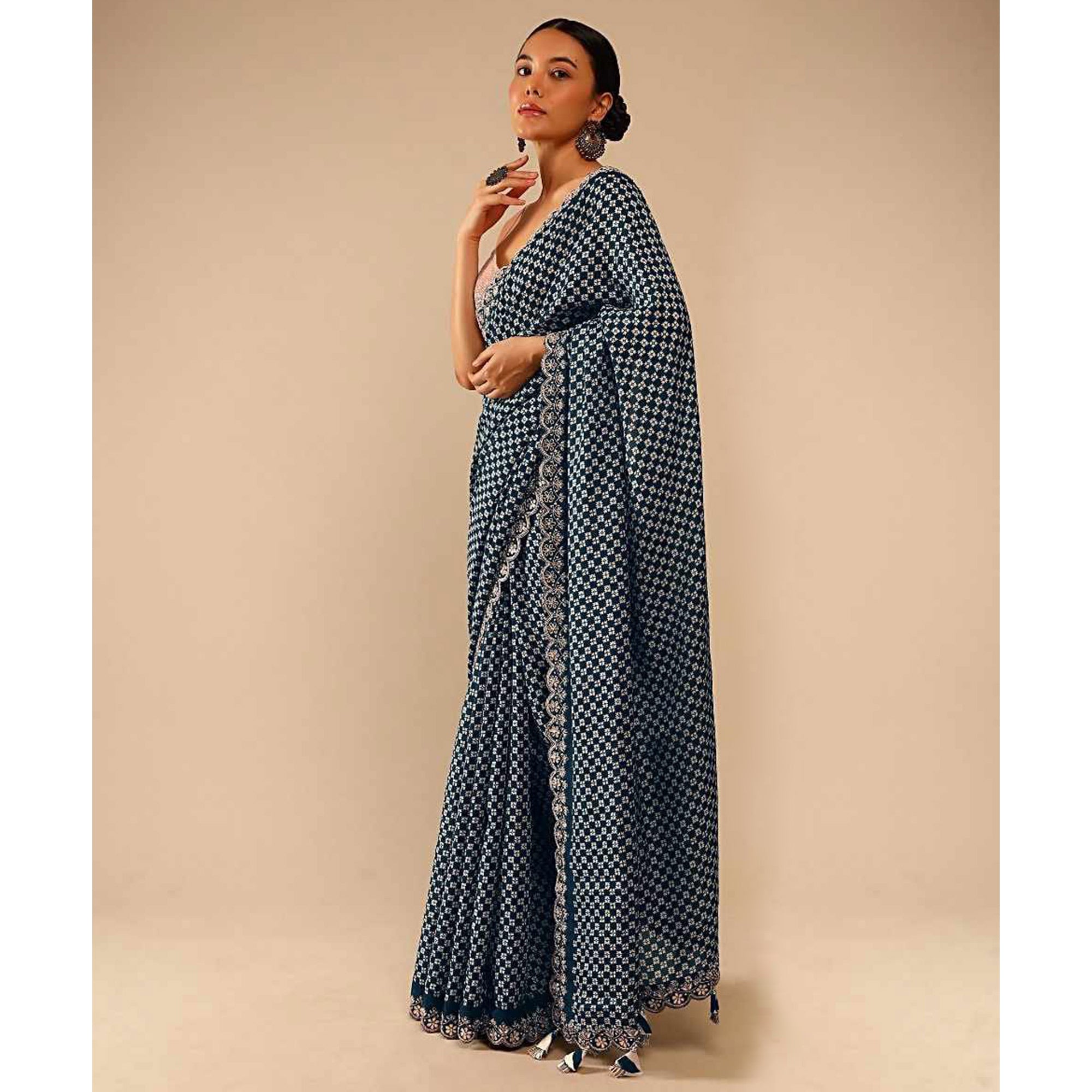 Grey Printed With Embroidered Border Chinon Saree