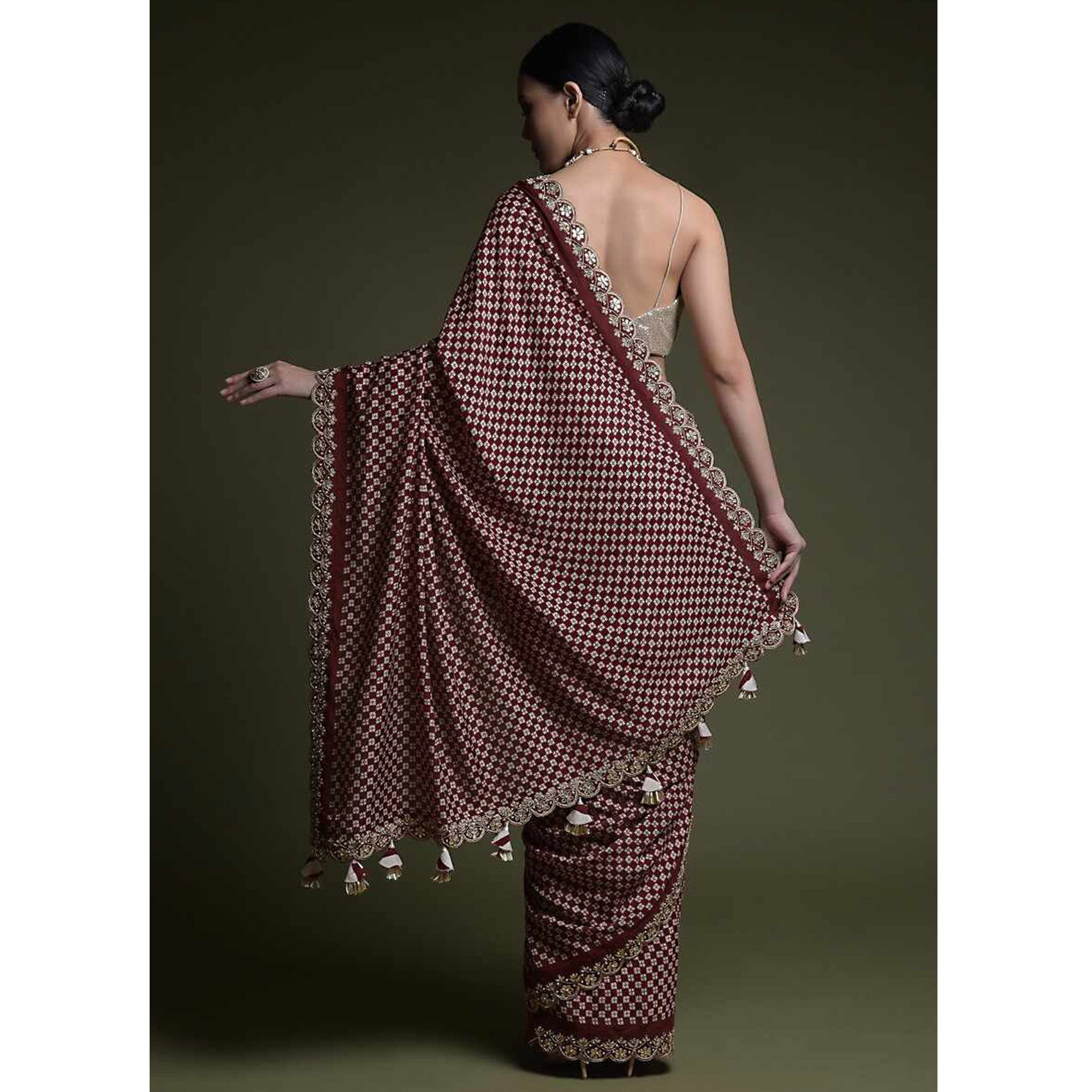 Maroon Printed With Embroidered Border Chinon Saree
