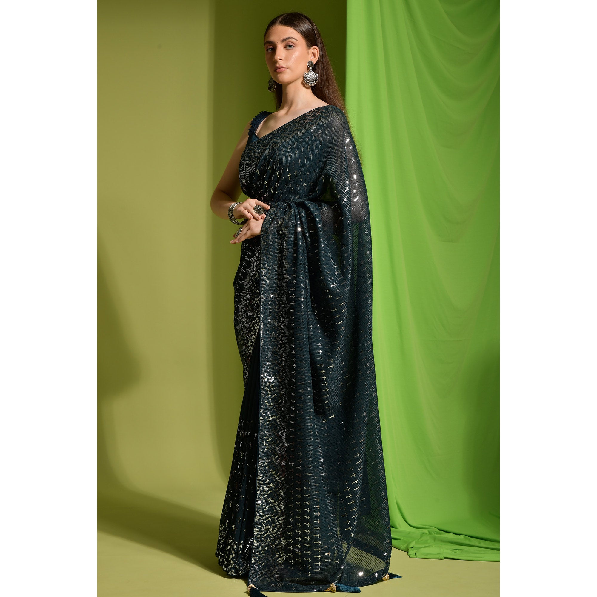 Dark Green Sequins Embroidered Georgette Saree