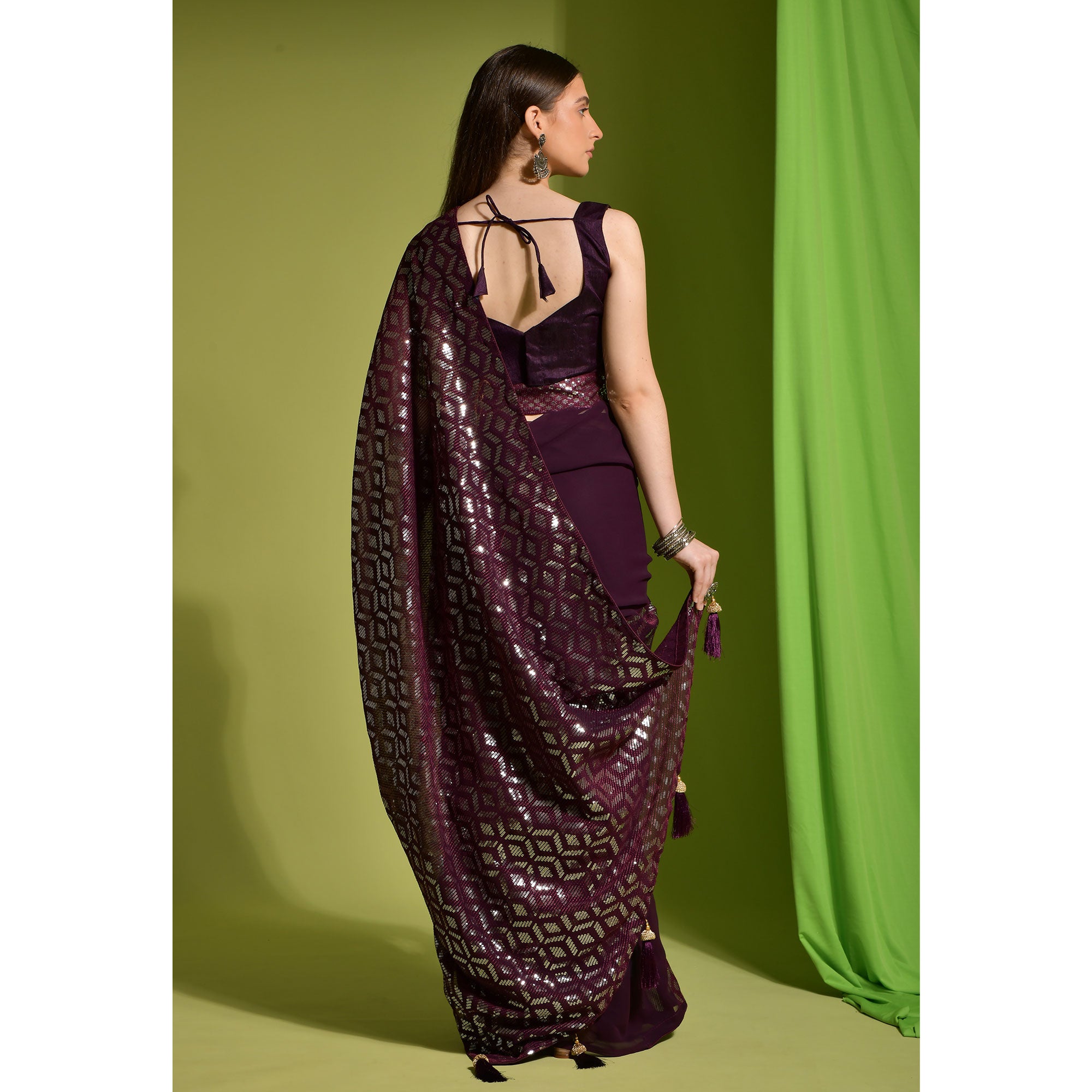 Wine Sequins Embroidered Georgette Saree