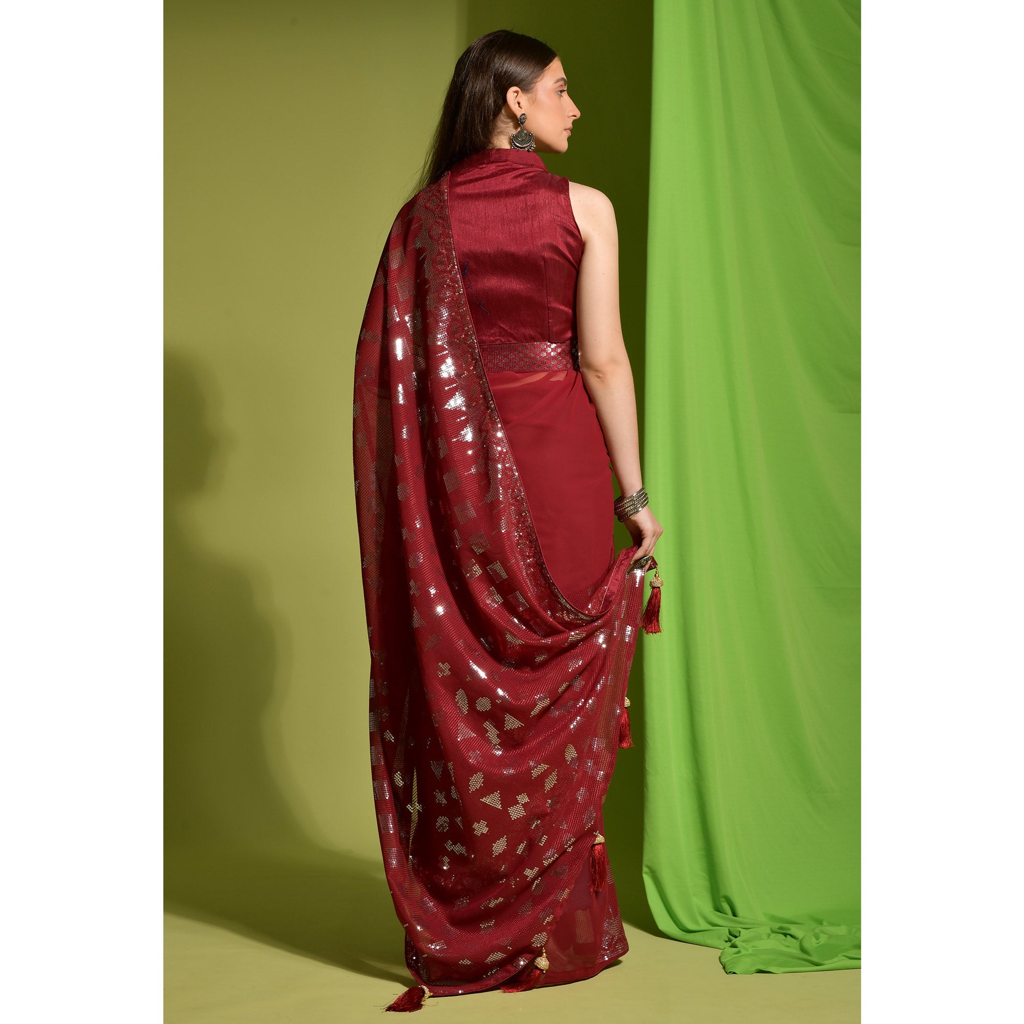 Red Sequins Embroidered Georgette Saree