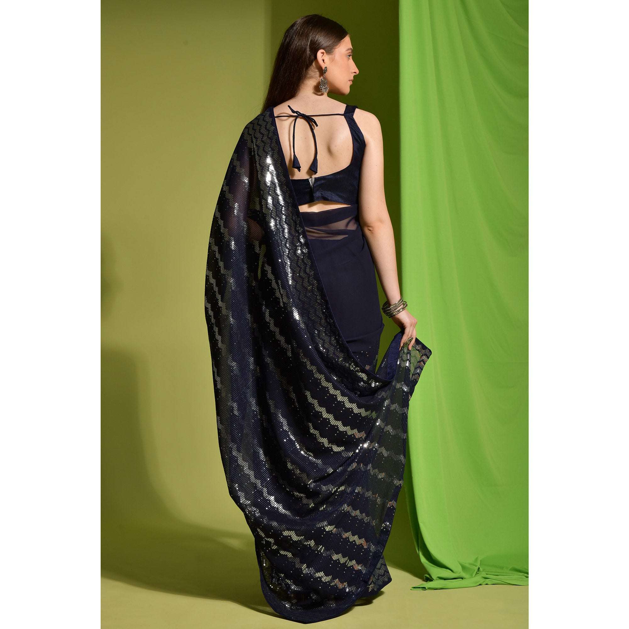 Navy Blue Sequins Embroidered Georgette Saree