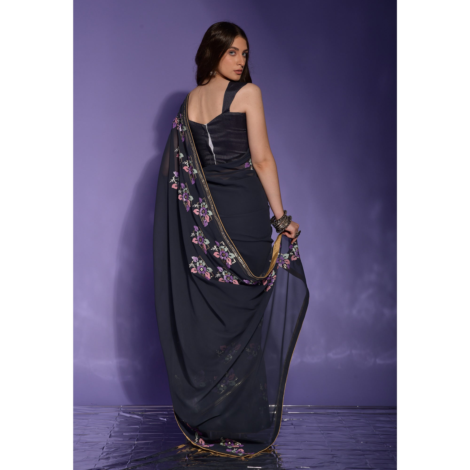 Dark Grey Floral Sequins Embroidered Georgette Saree