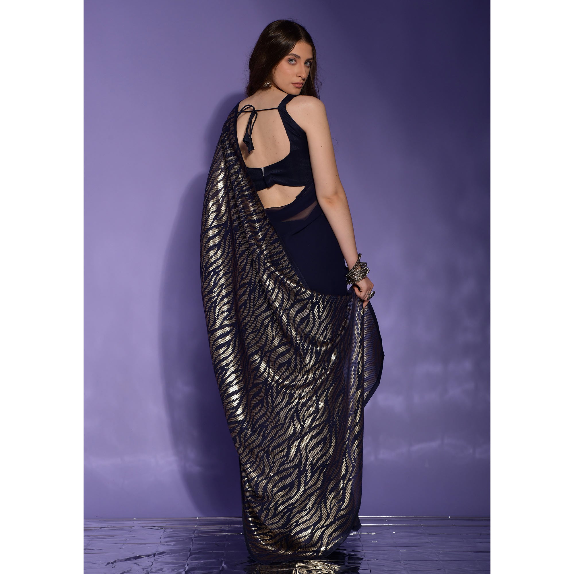 Navy Blue Sequins Embroidered Georgette Saree