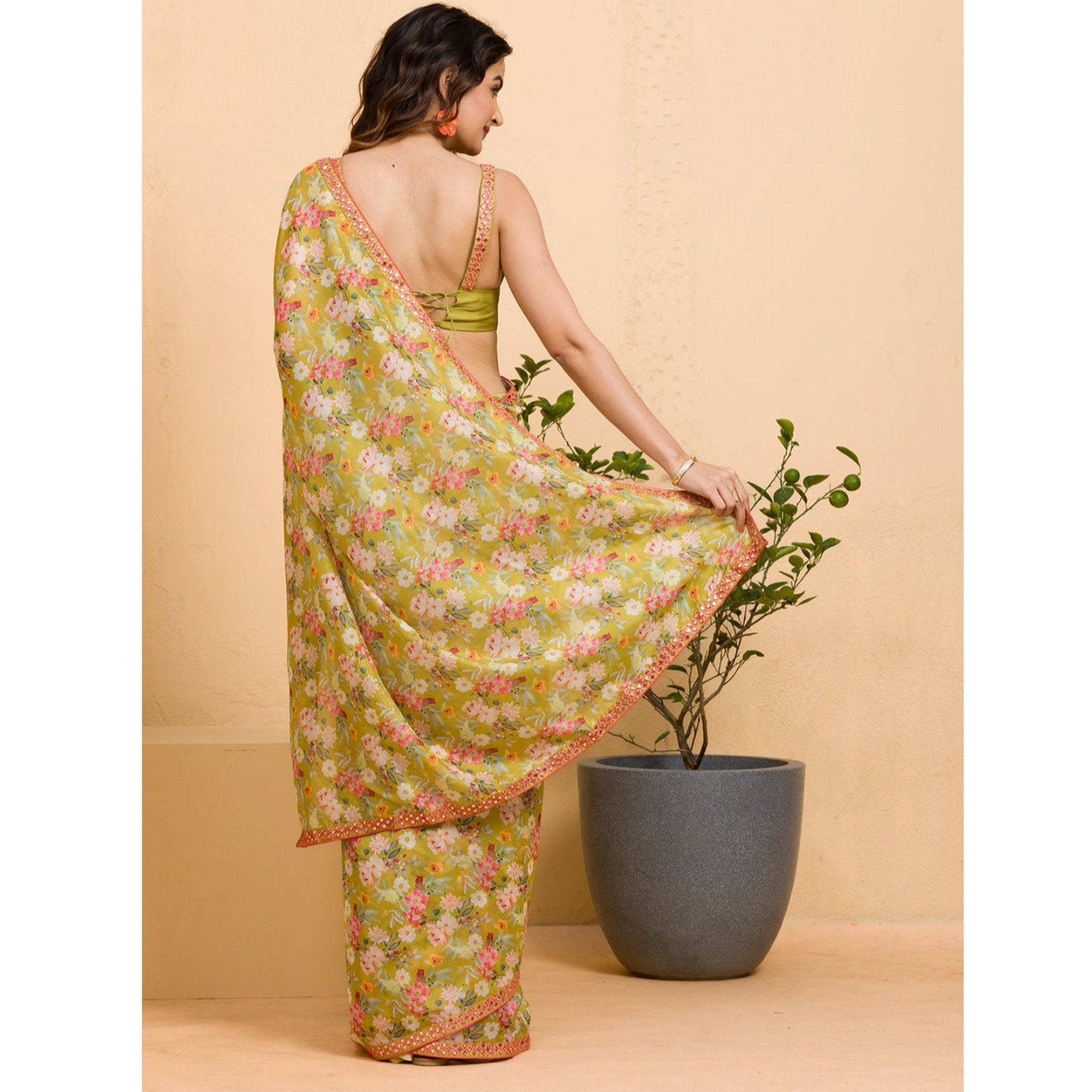 Green Floral Printed Chinon Saree With Fancy Mirror Border