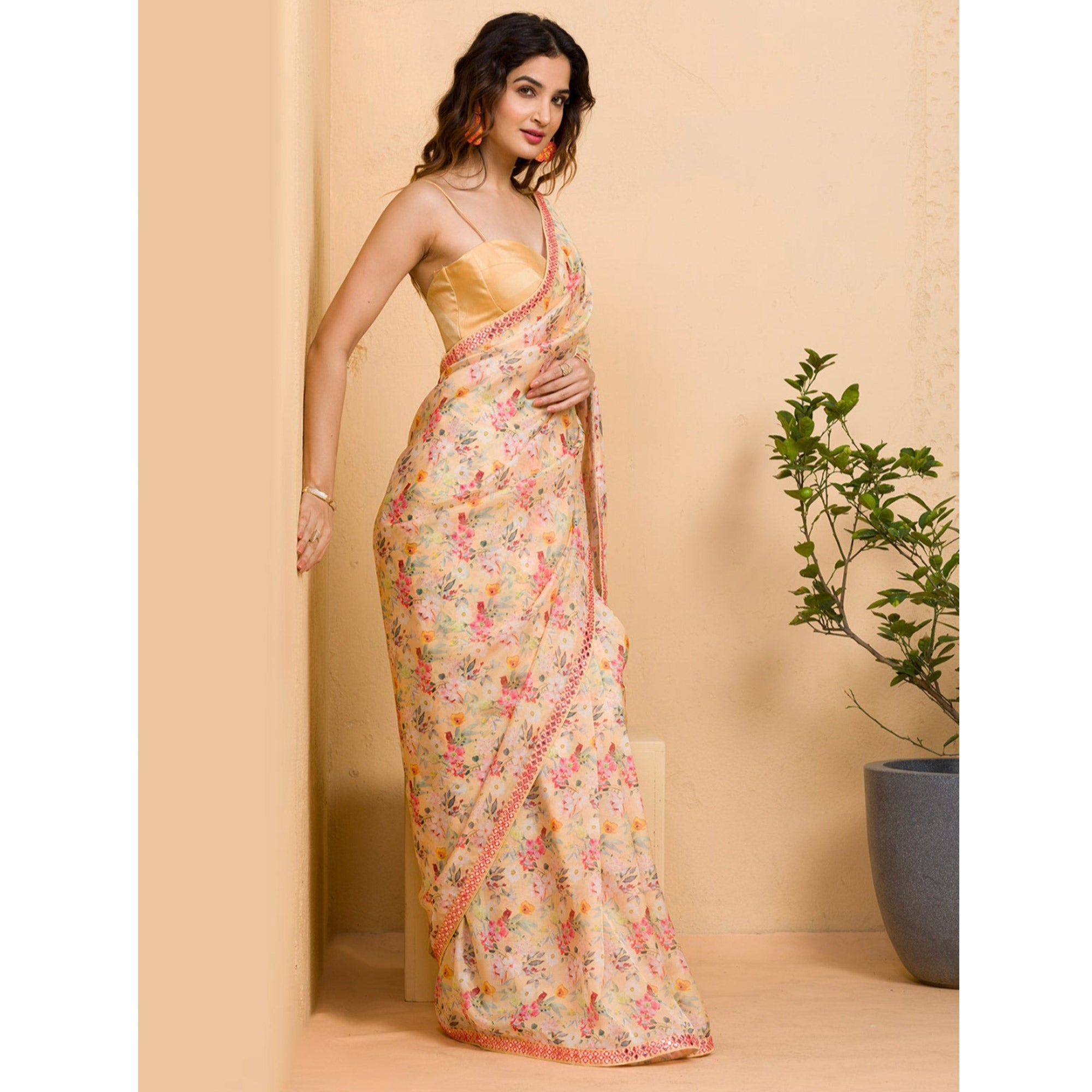 Peach Floral Printed Chinon Saree With Fancy Mirror Border