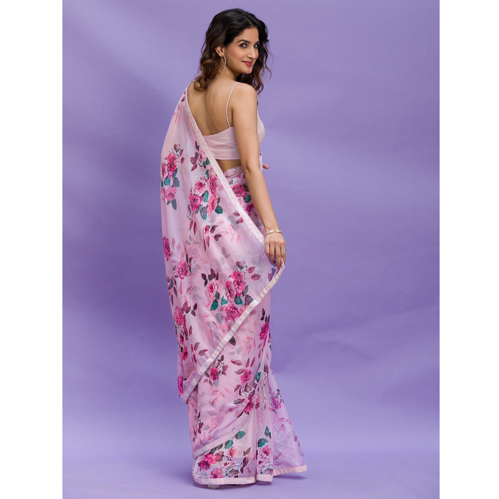 Pink Floral Printed Chinon Saree With Embroidered Border