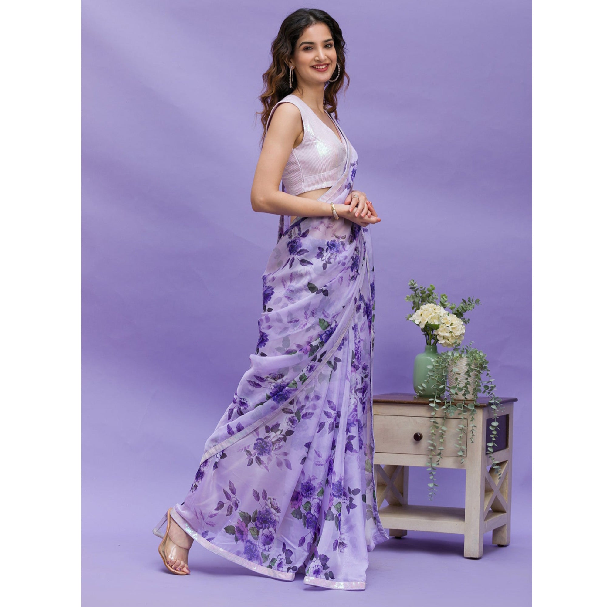 Purple Floral Printed Chinon Saree With Embroidered Border