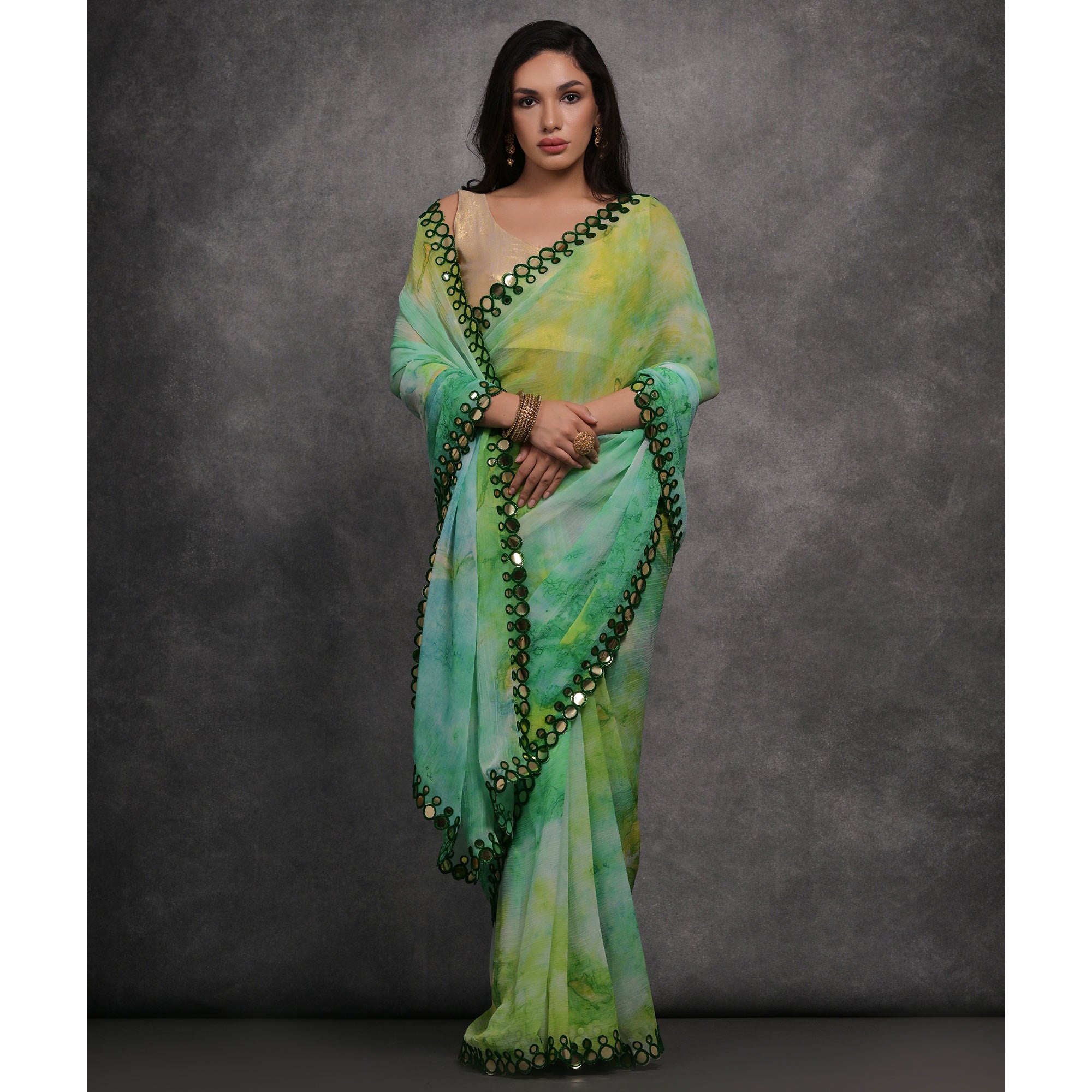 Multicolor Printed With Mirror Work Georgette Saree