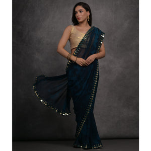 Blue Printed With Mirror Work Georgette Saree
