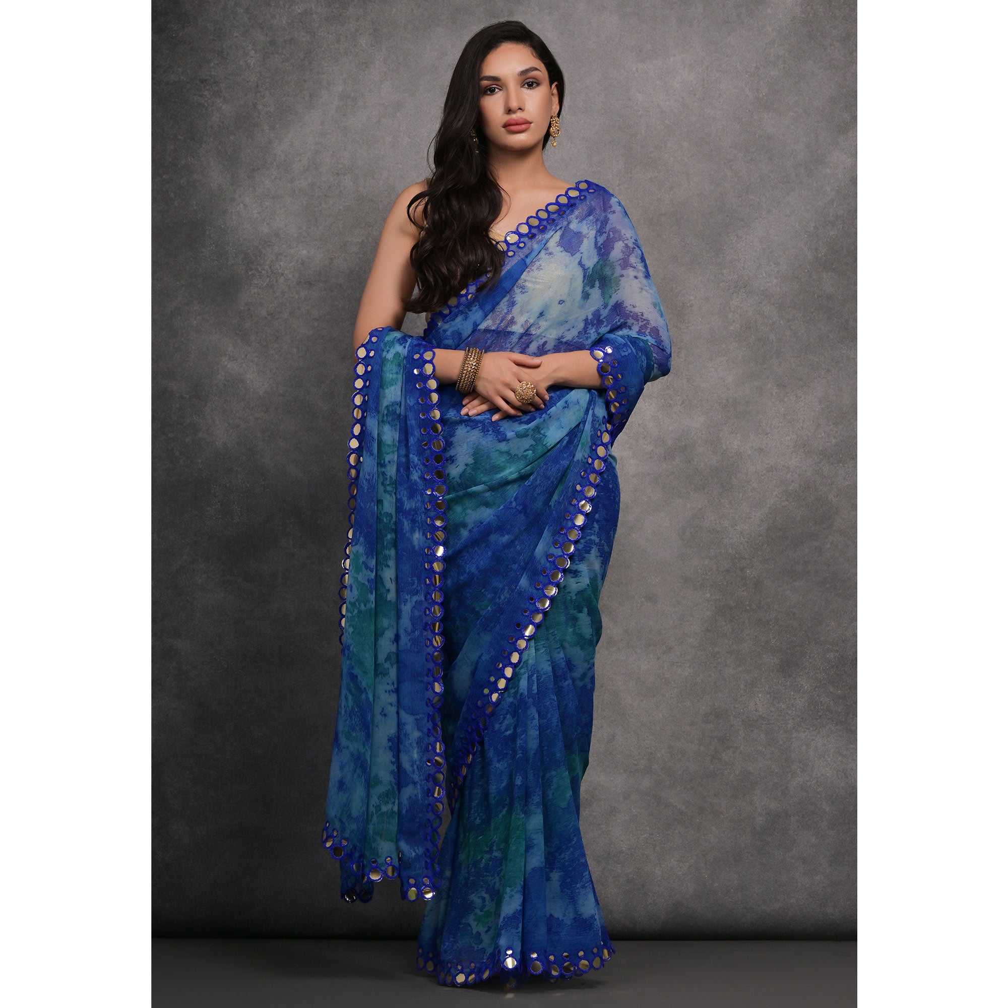 Navy Blue Printed With Mirror Work Georgette Saree