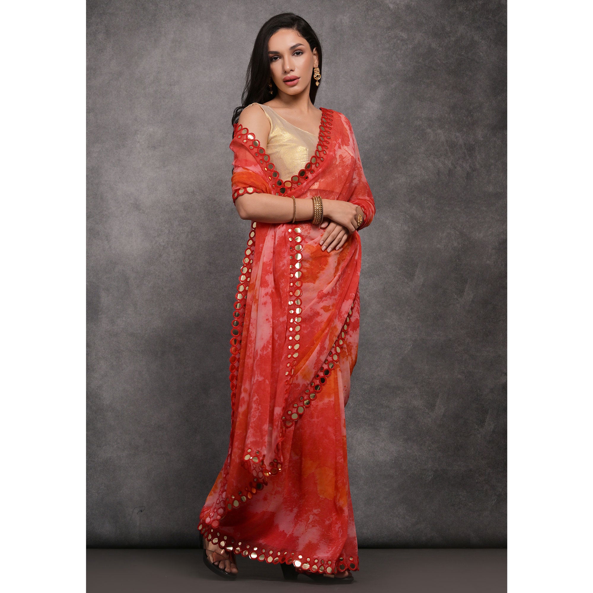 Pink Printed With Mirror Work Georgette Saree