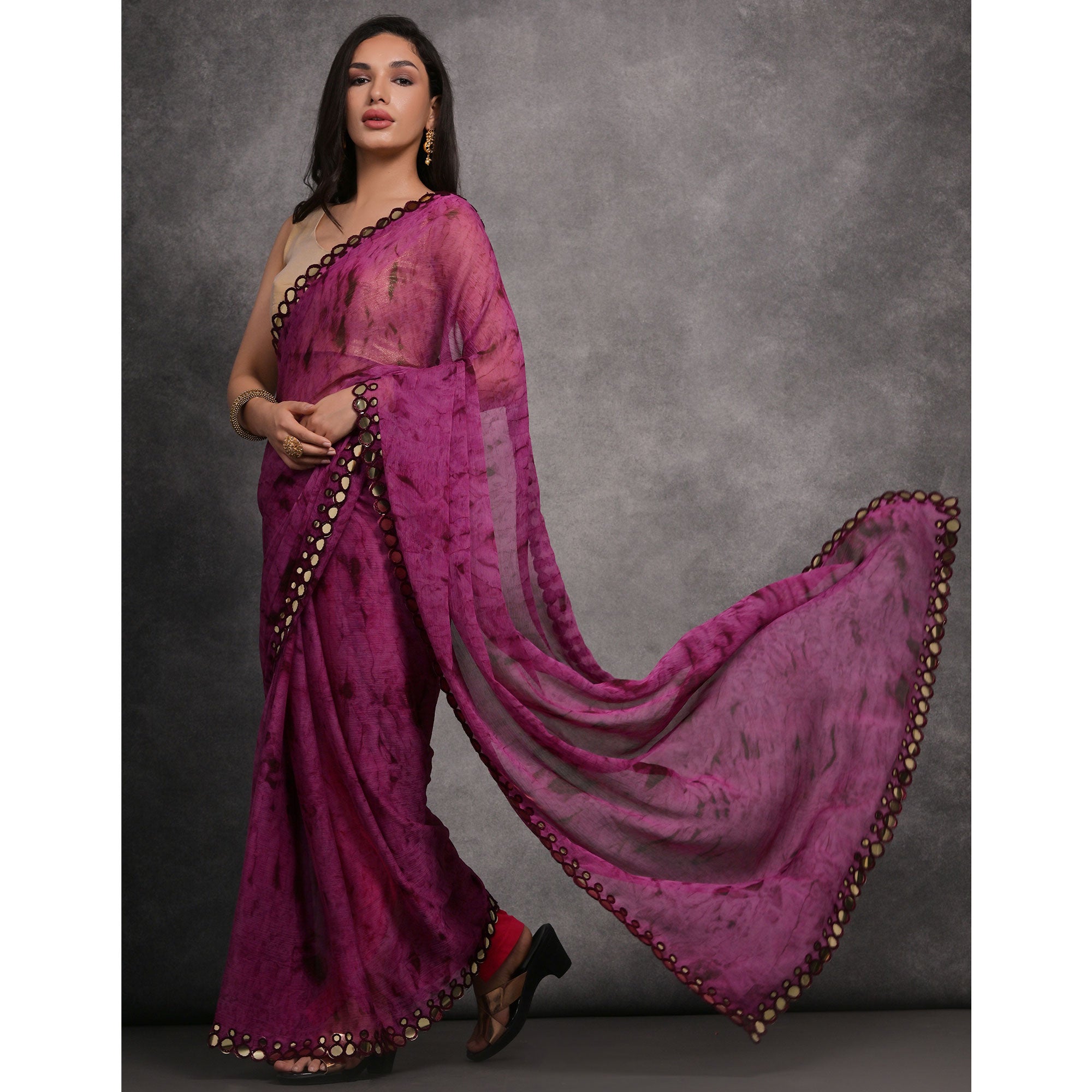 Purple Printed With Mirror Work Georgette Saree
