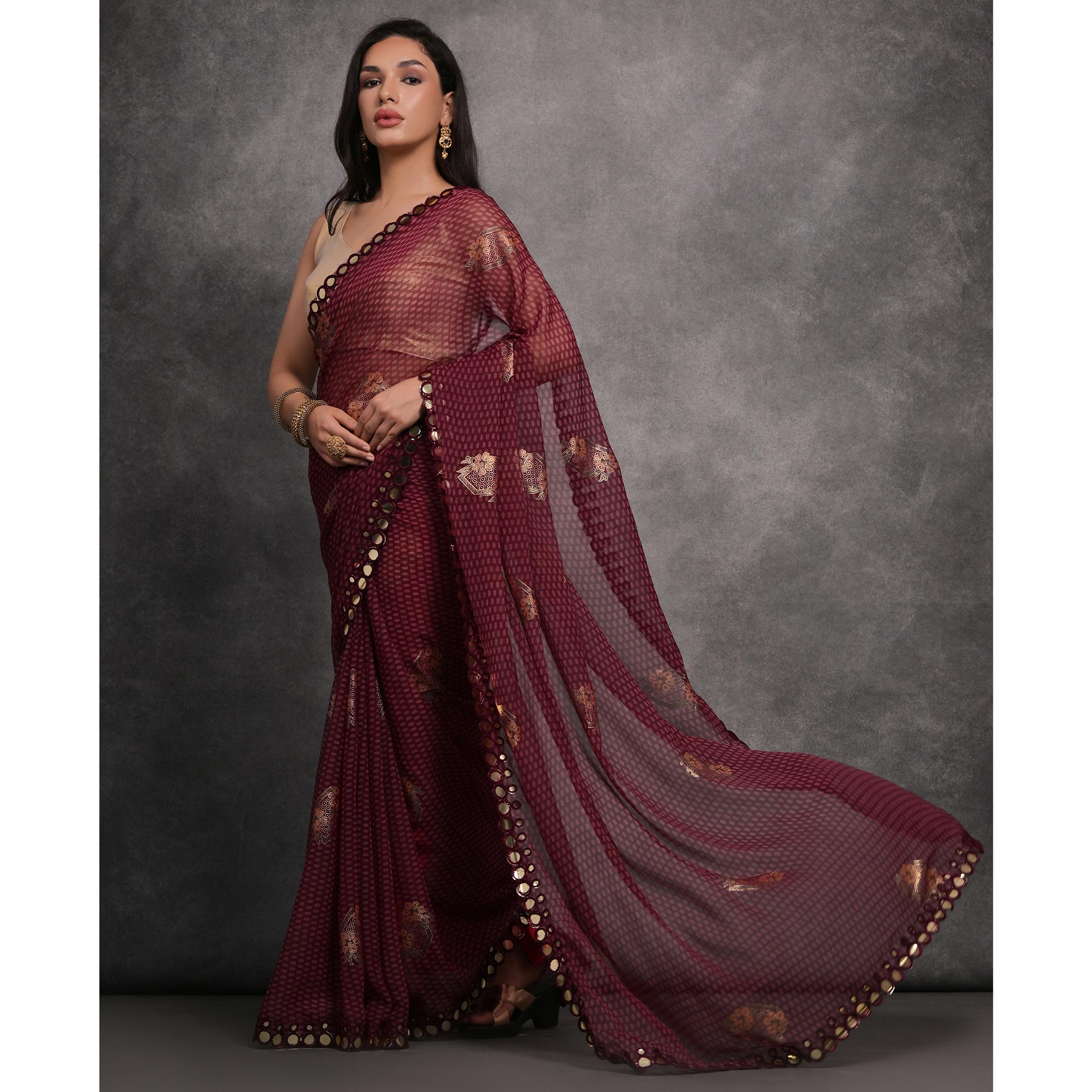 Wine Foil Printed With Mirror Work Georgette Saree