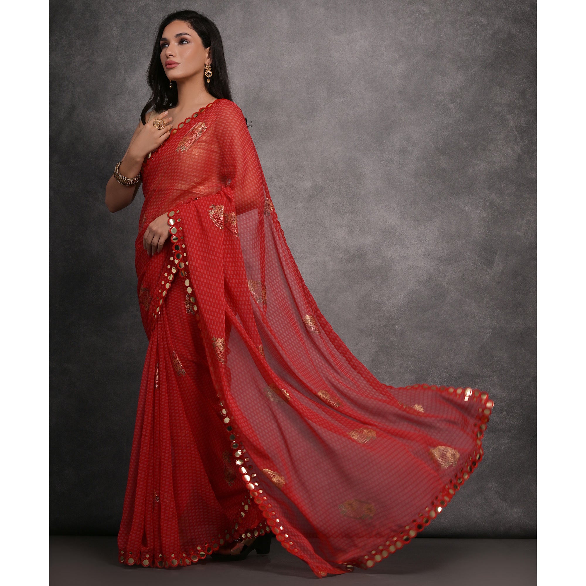 Red Foil Printed With Mirror Work Georgette Saree