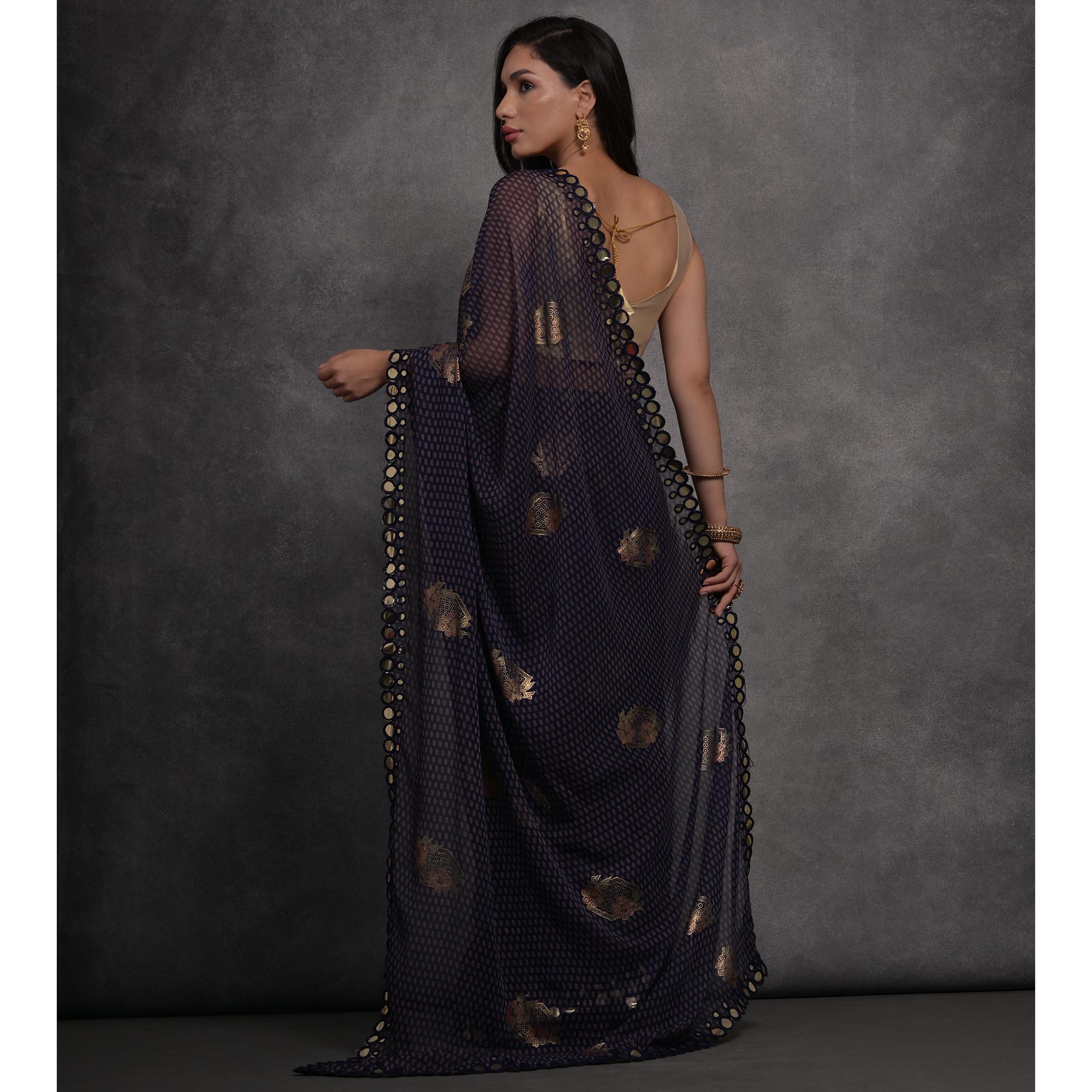 Blue Foil Printed With Mirror Work Georgette Saree