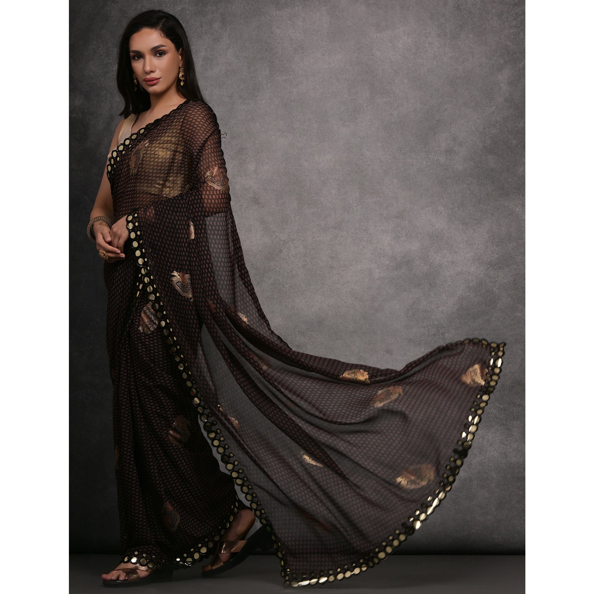 Black Foil Printed With Mirror Work Georgette Saree