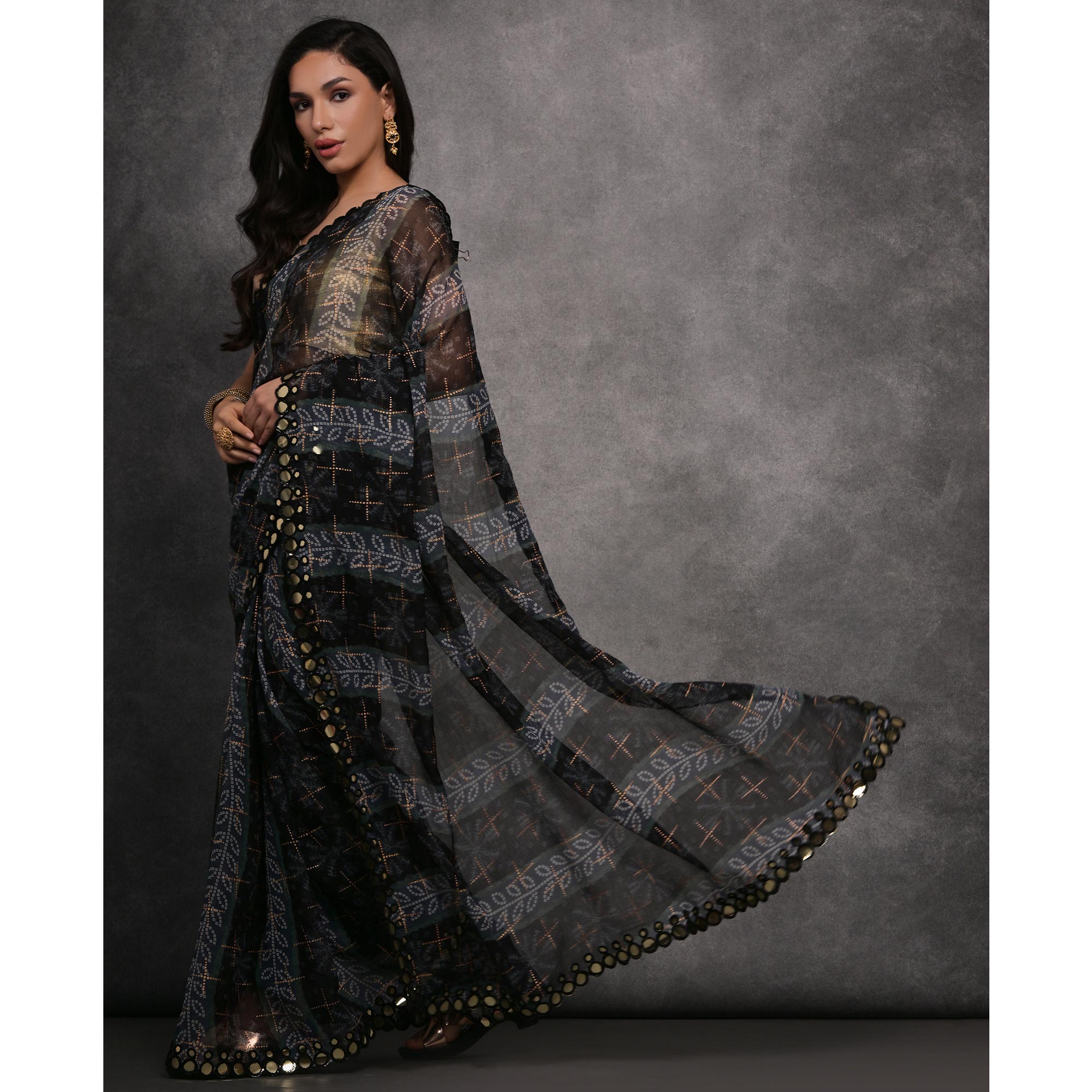 Black Foil Printed With Mirror Work Georgette Saree