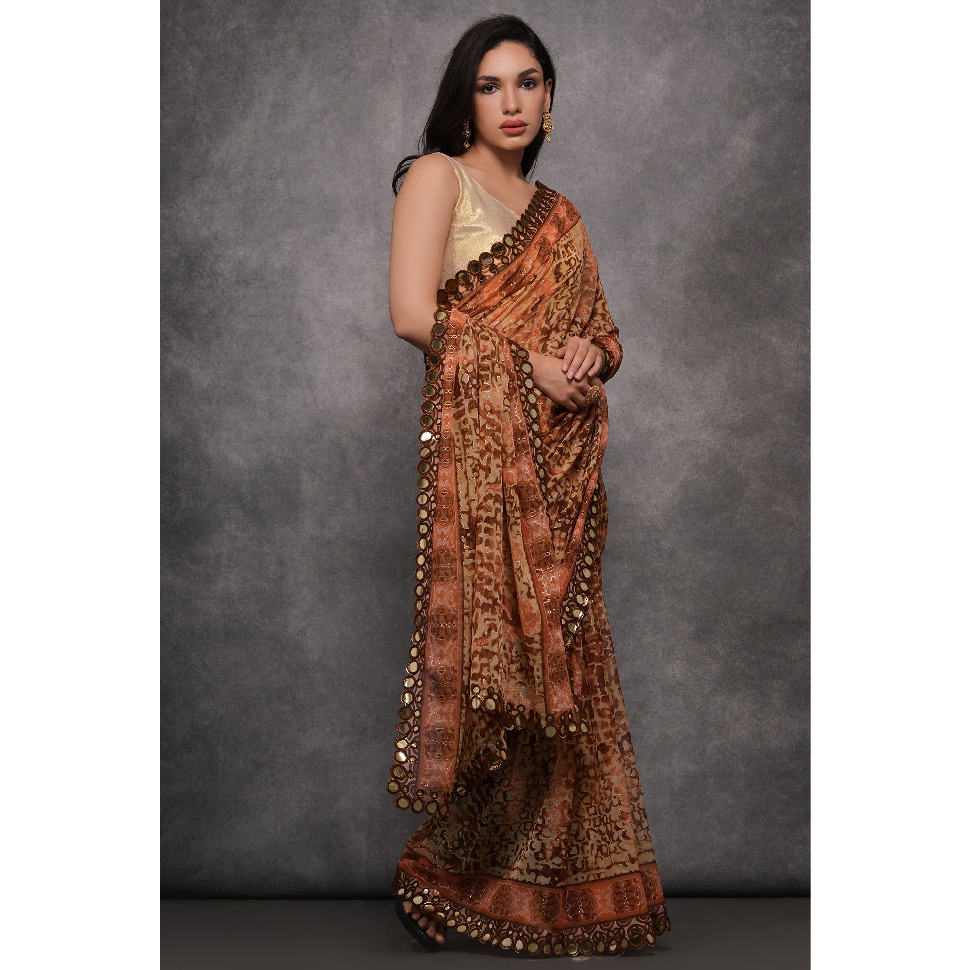 Peach Foil Printed With Mirror Work Georgette Saree