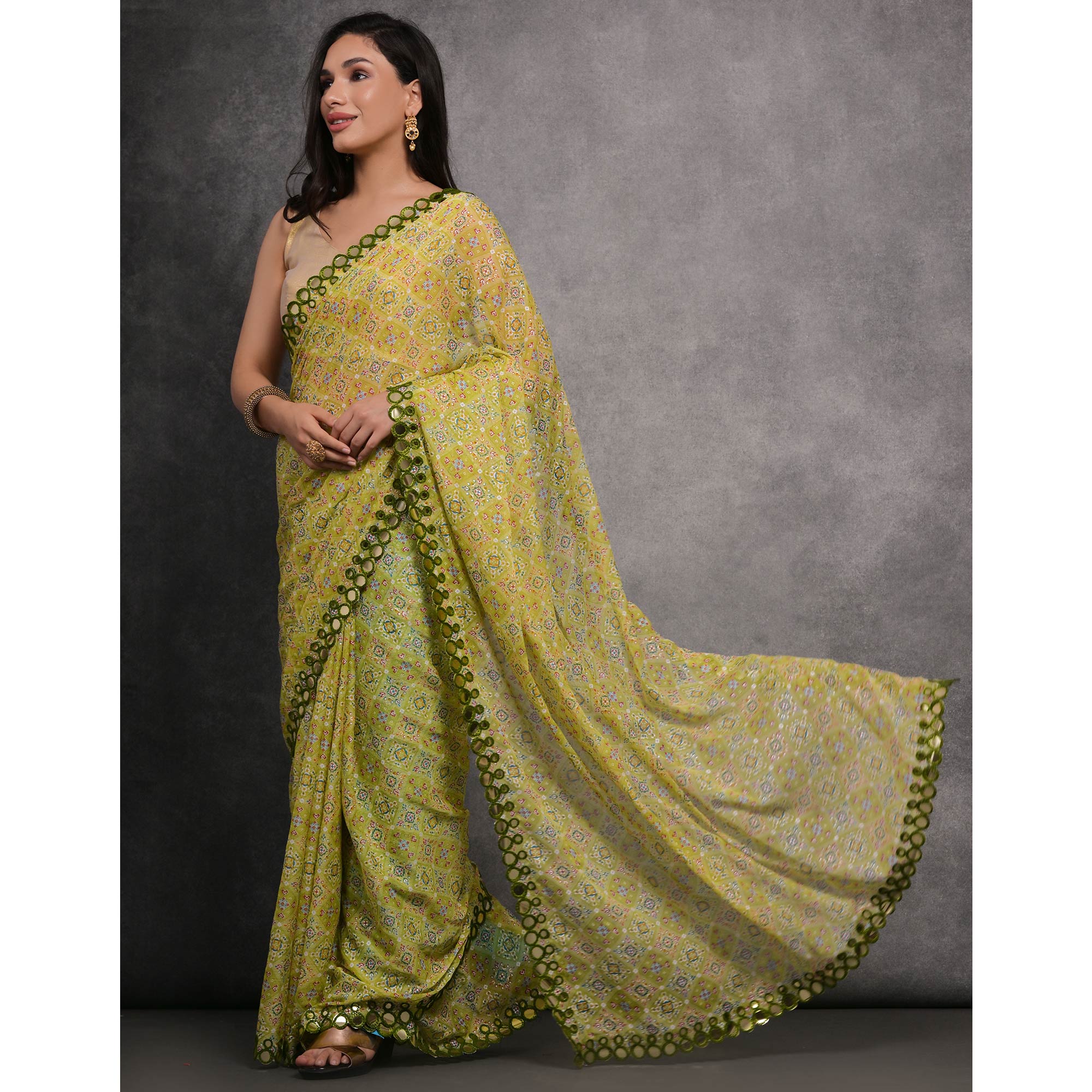 Green Foil Printed With Mirror Work Georgette Saree