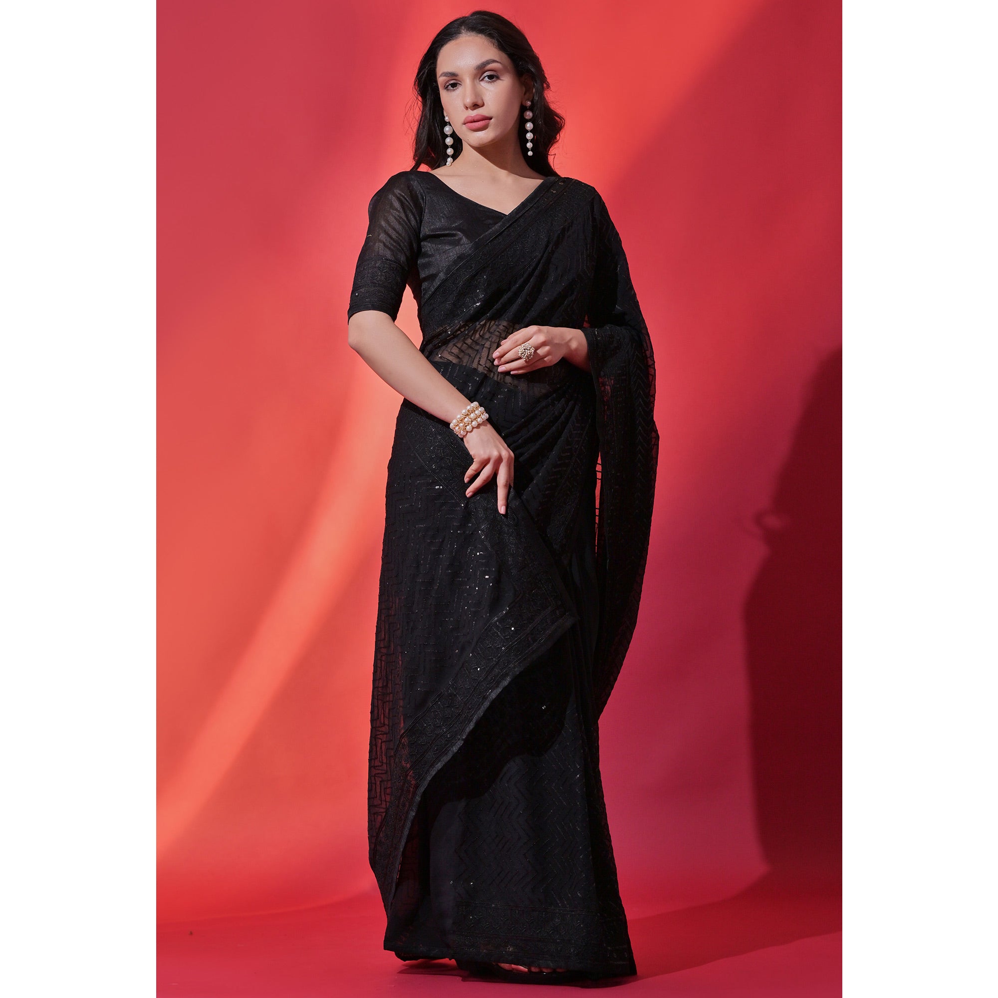 Black Sequins Embroidered Georgette Saree