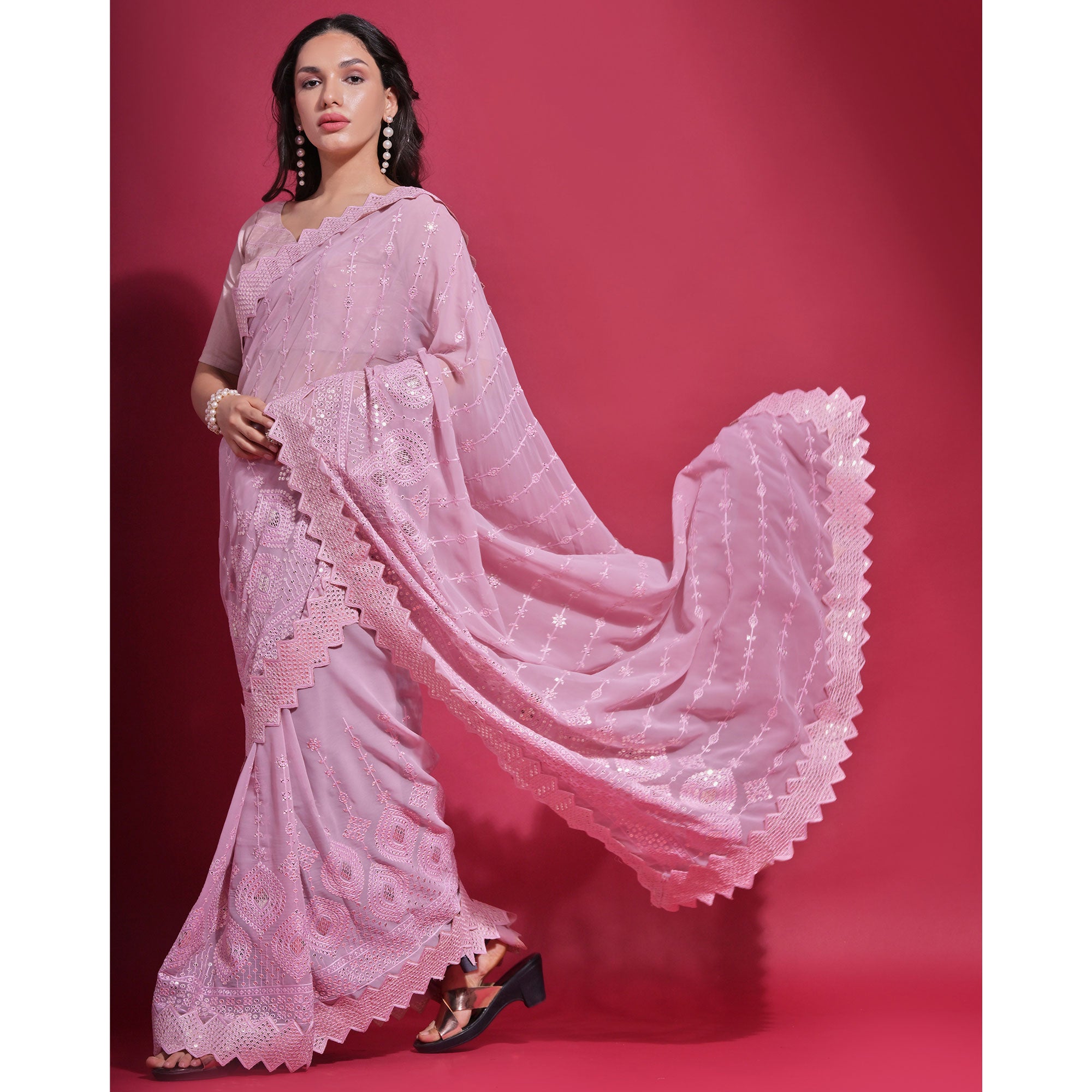 Pink Sequins Embroidered Georgette Saree