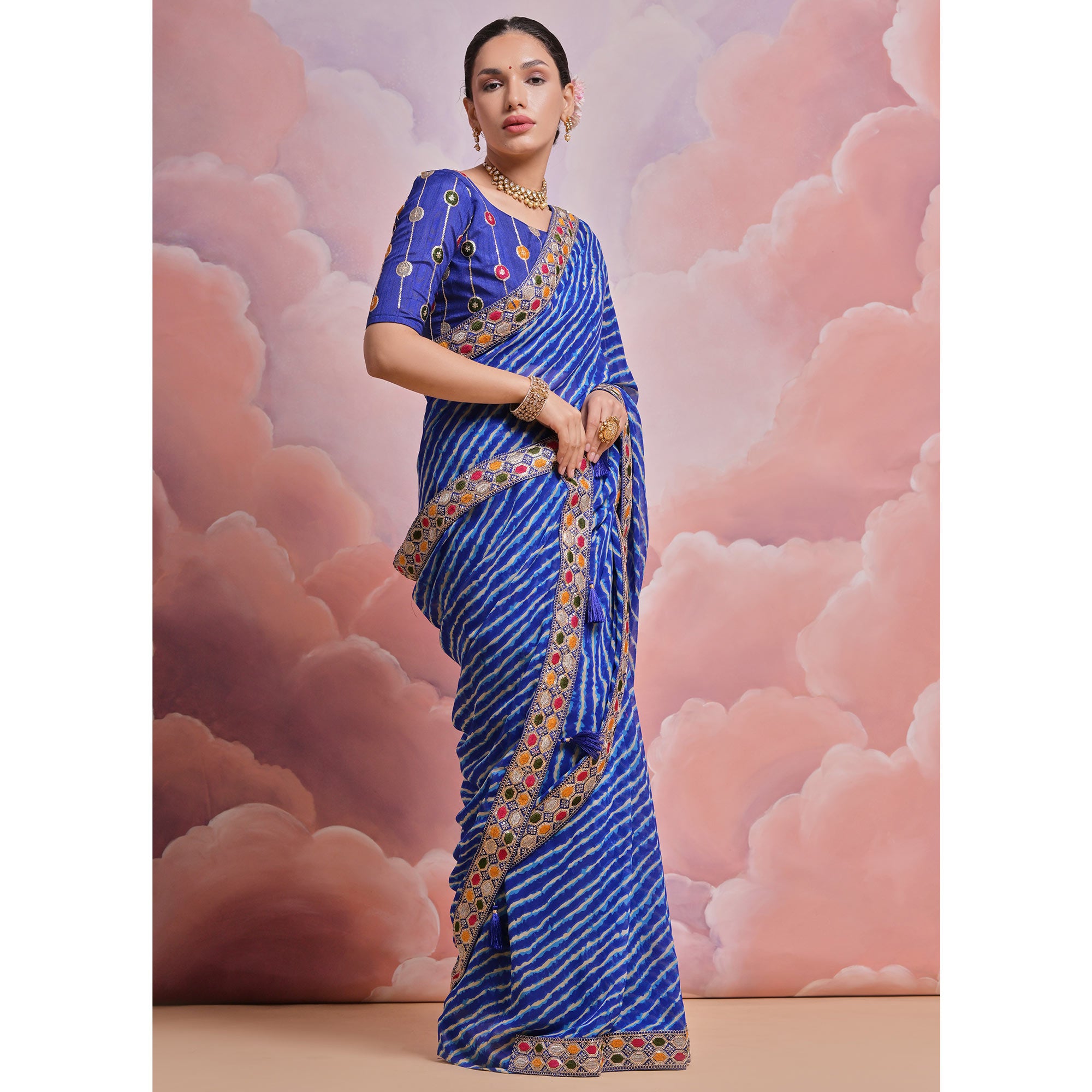 Blue Leheriya Printed With Embroidered Border Georgette Saree