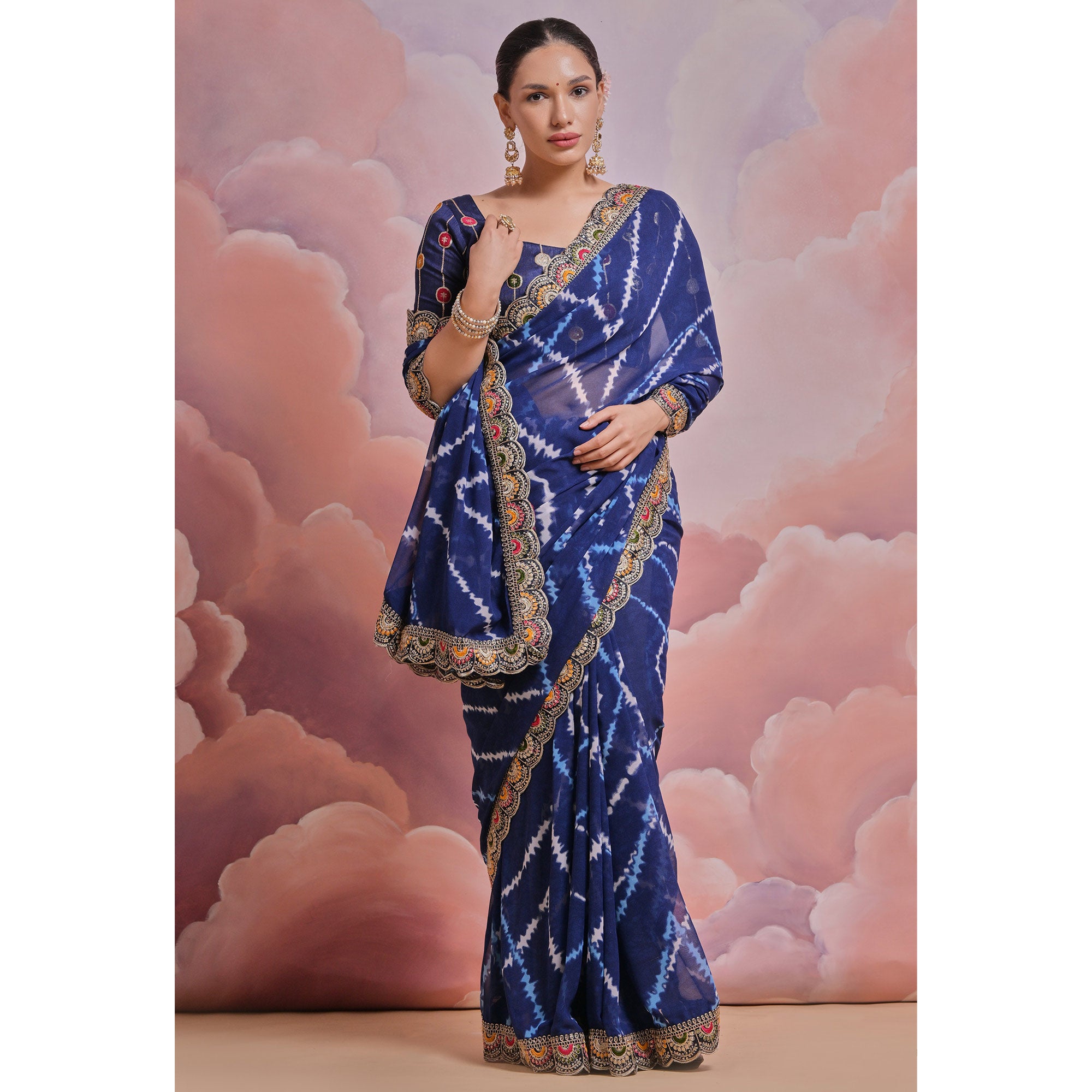 Blue  Printed With Embroidered Border Georgette Saree