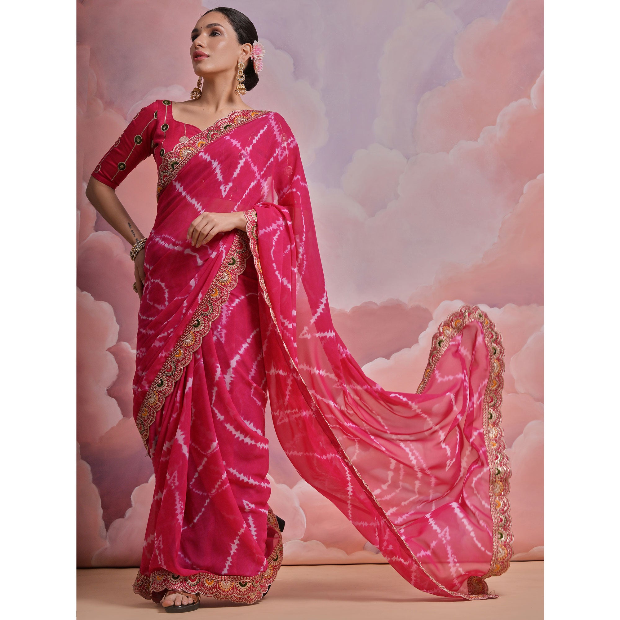 Pink  Printed With Embroidered Border Georgette Saree