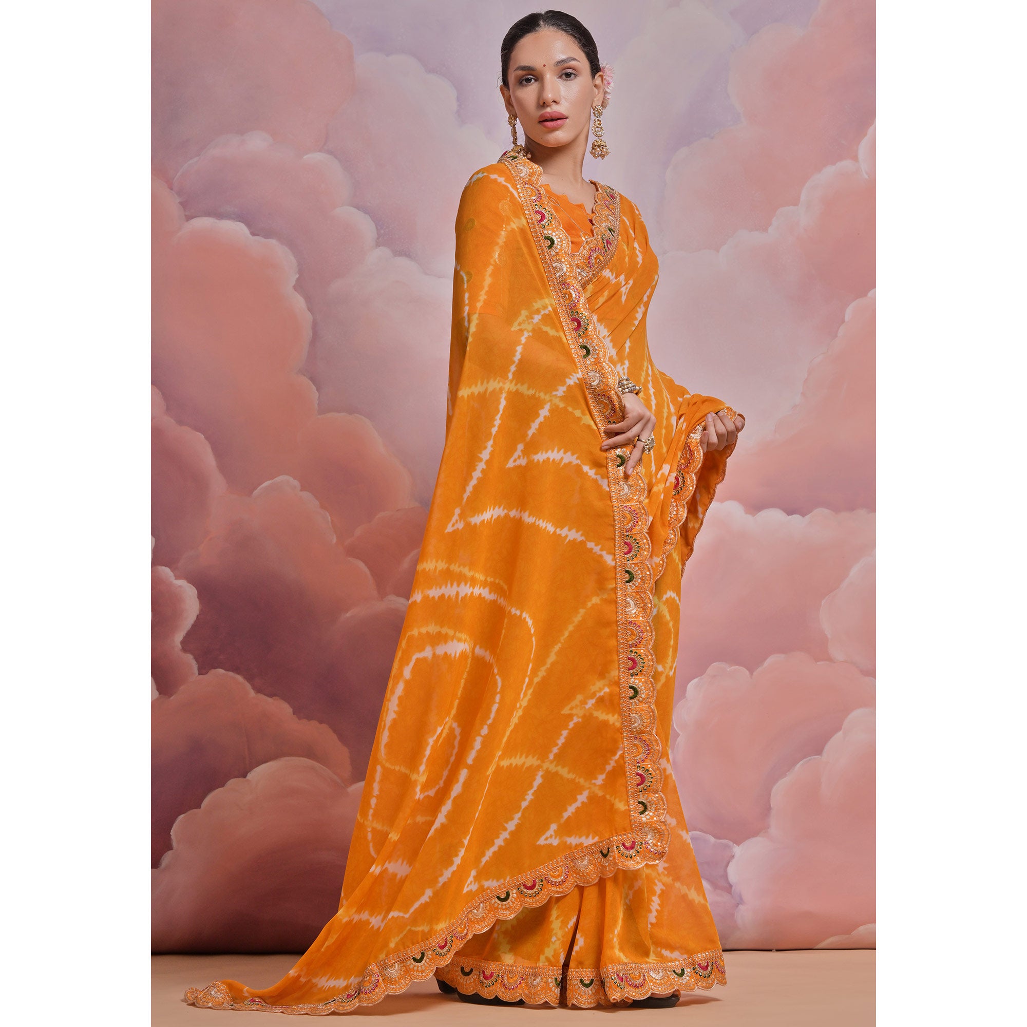Yellow  Printed With Embroidered Border Georgette Saree