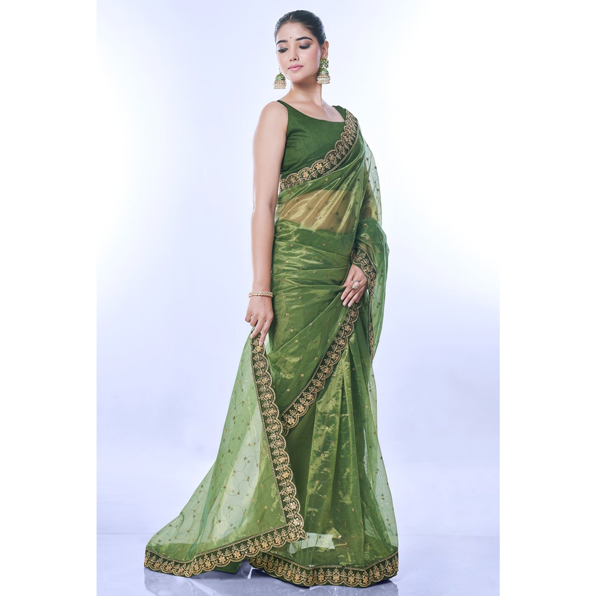 Green Sequins Embroidered Net Saree