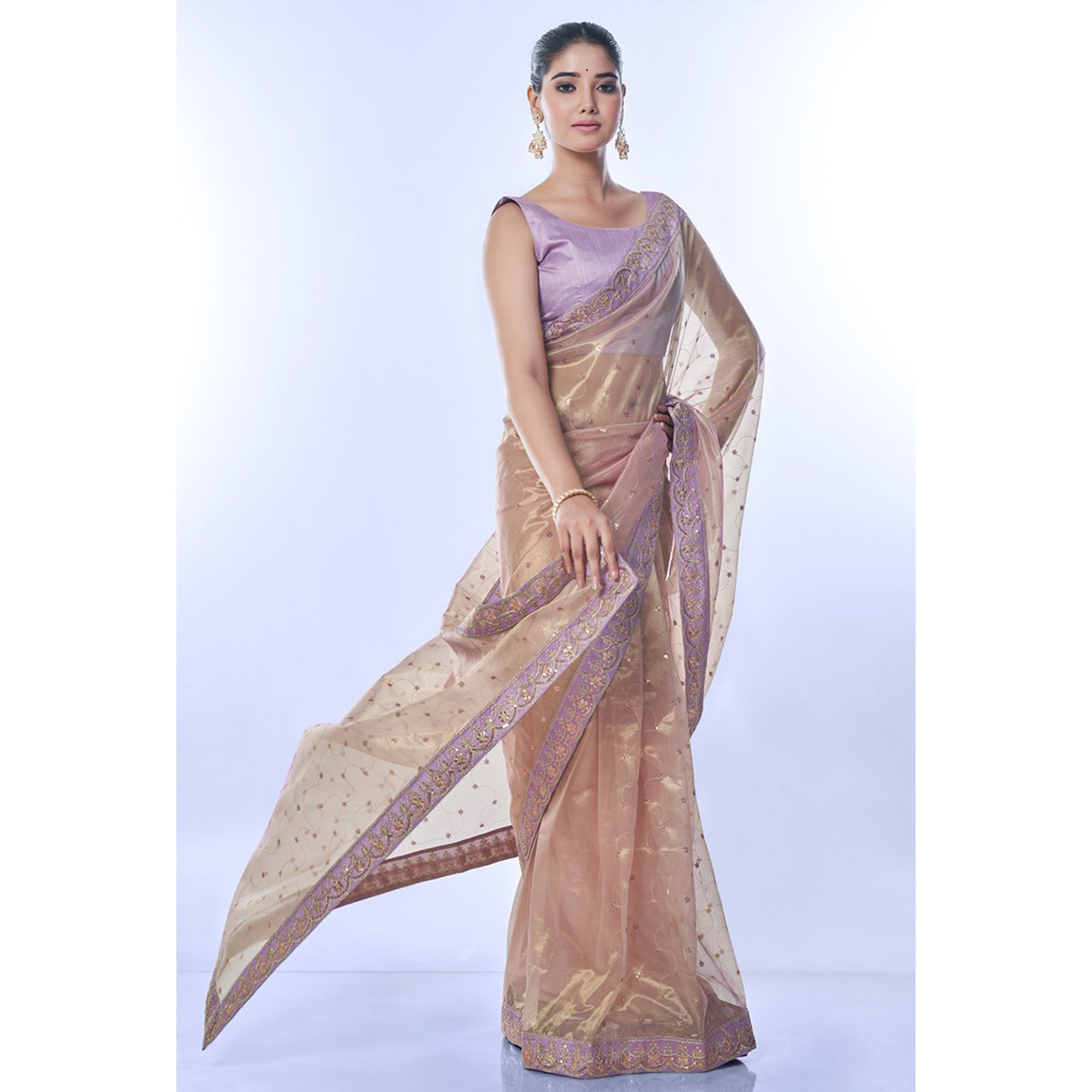 Beige Sequins Embroidered Net Saree