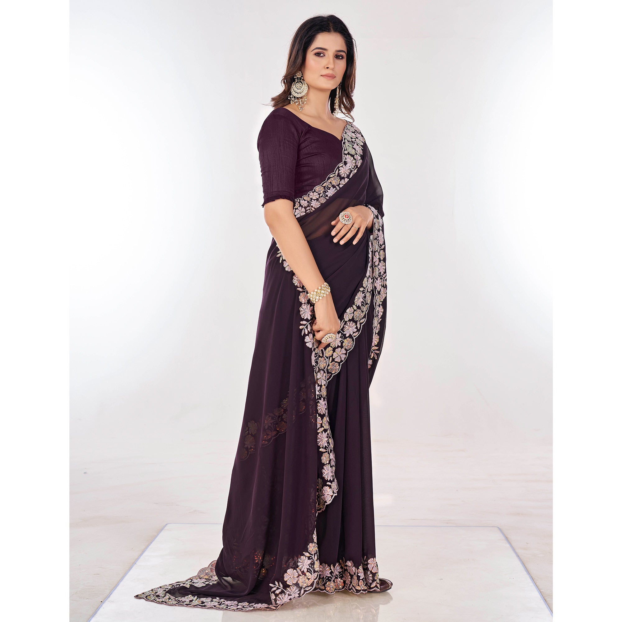 Wine Sequins Embroidered Georgette Saree