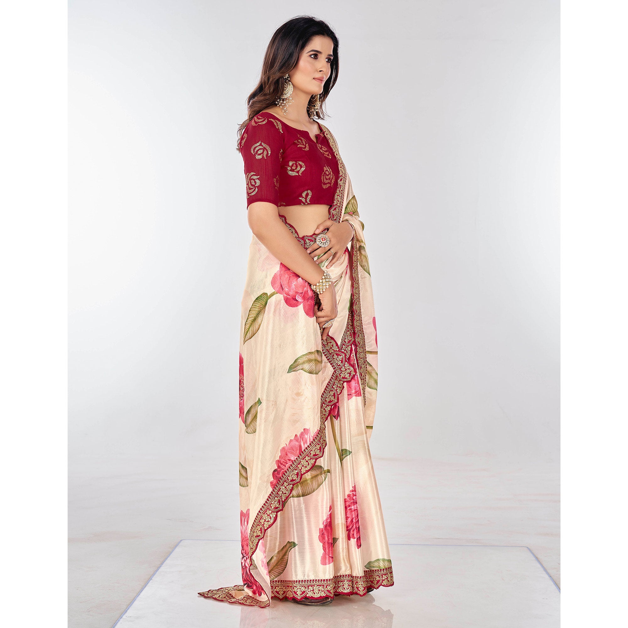 Off White Floral Printed Chinon Saree