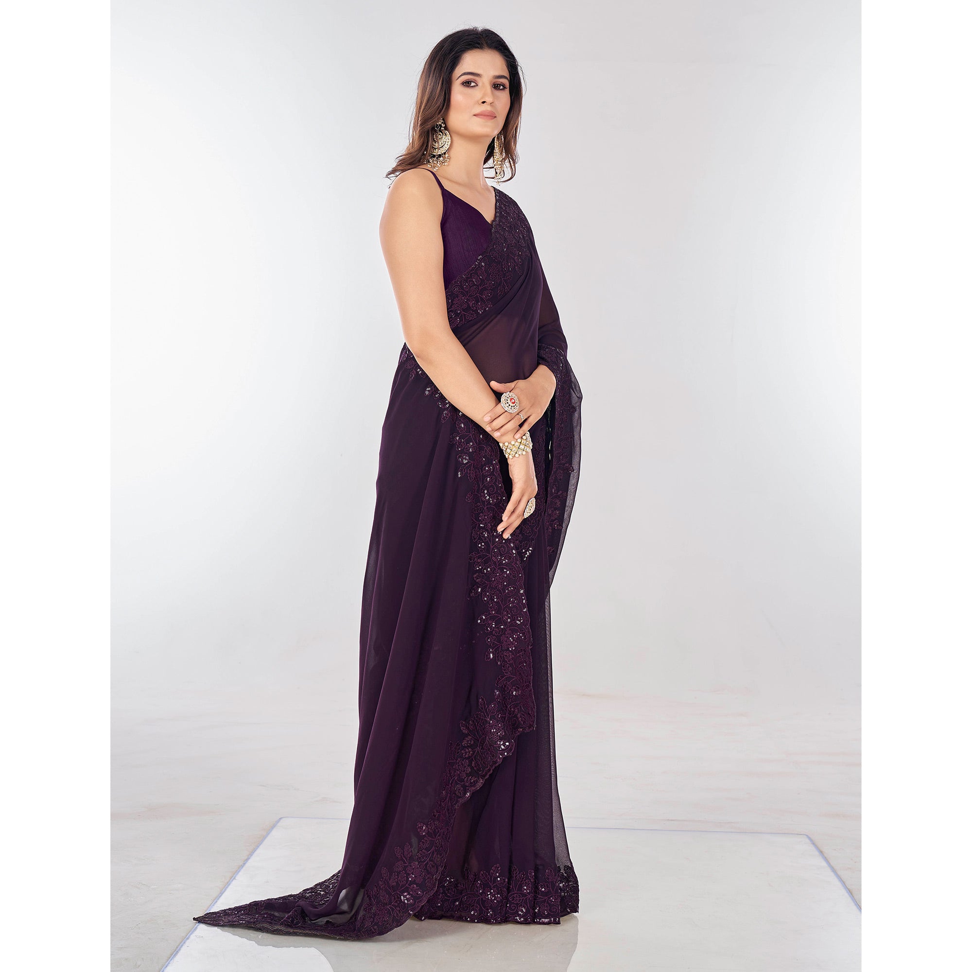 Wine Sequins Embroidered Georgette Saree
