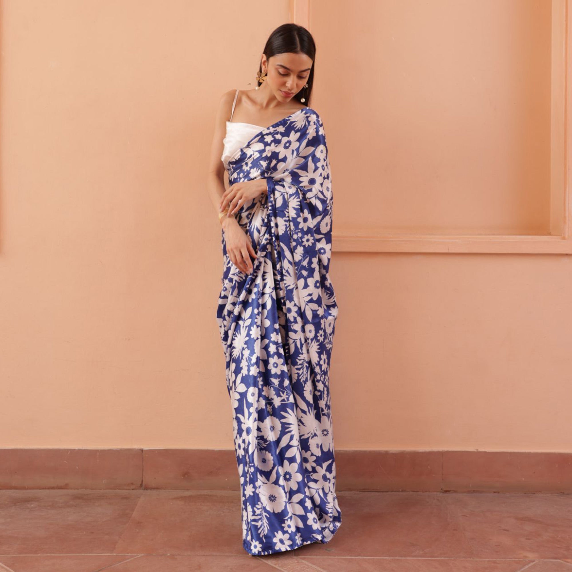 Blue Digital Printed Satin Saree