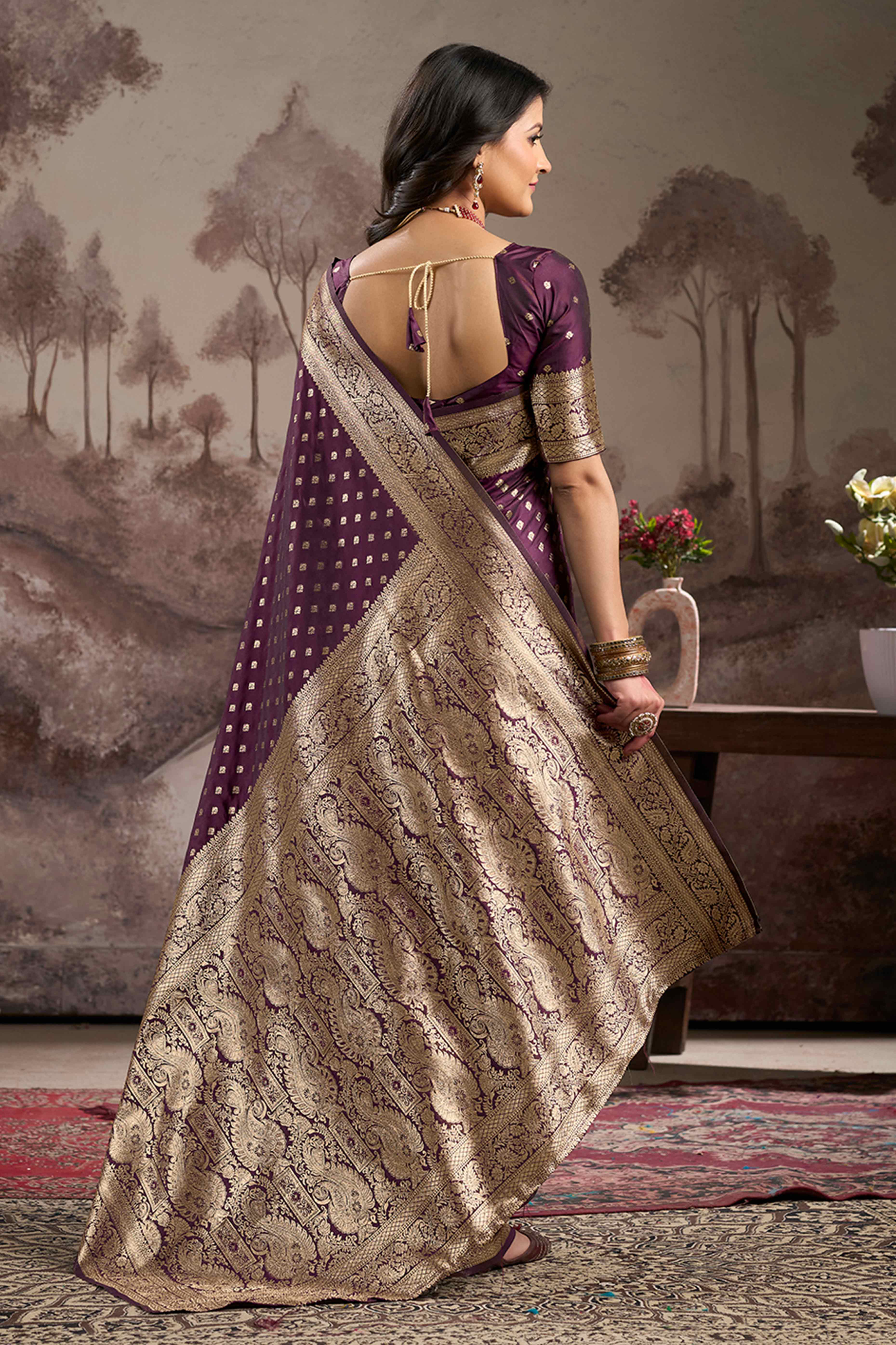 Dark Wine Floral Woven Jacquard Silk Saree