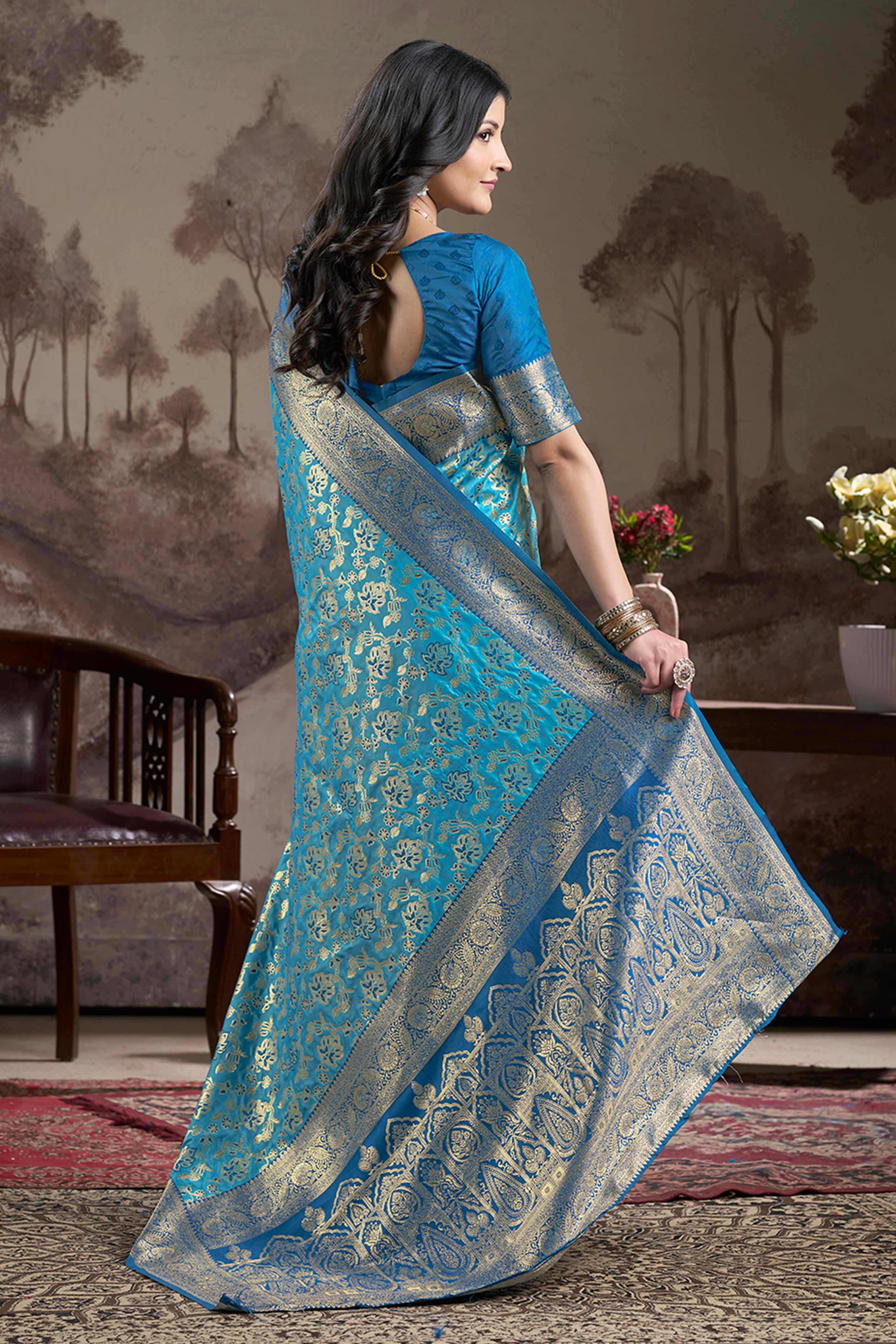 Blue Floral Woven Jacquard Silk Saree