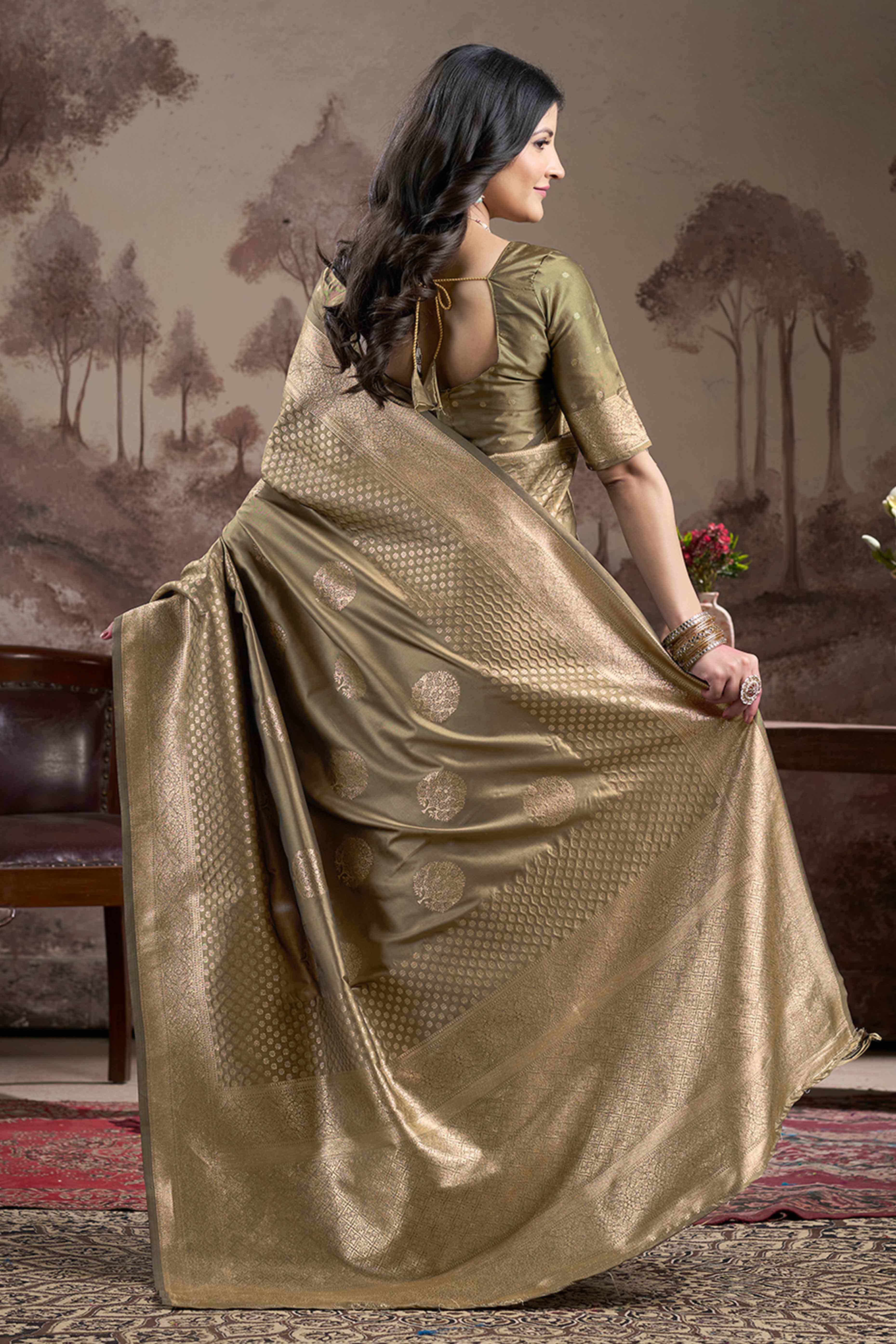 Chikoo Floral Woven Jacquard Silk Saree