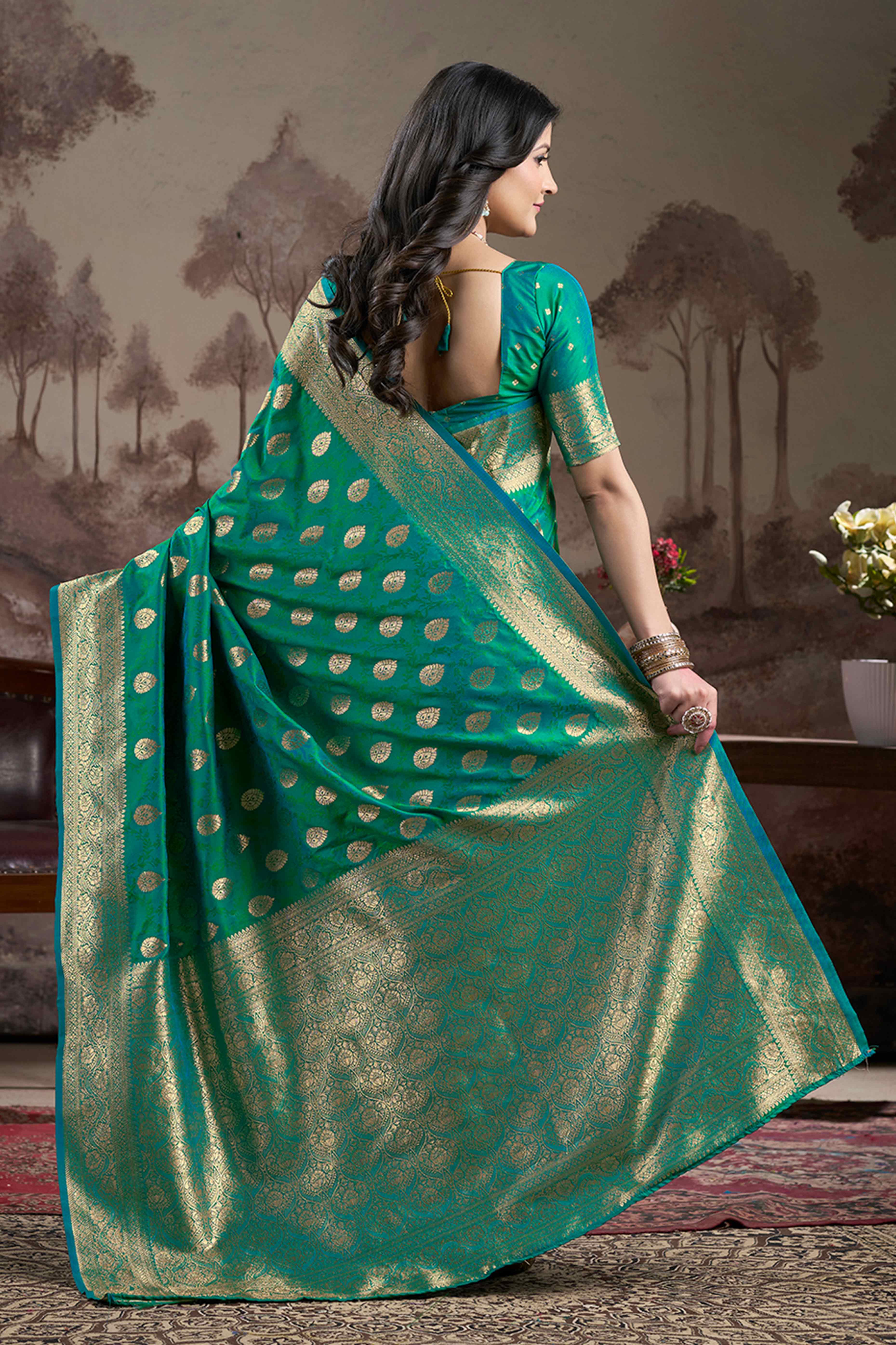 Rama Green Floral Woven Jacquard Silk Saree