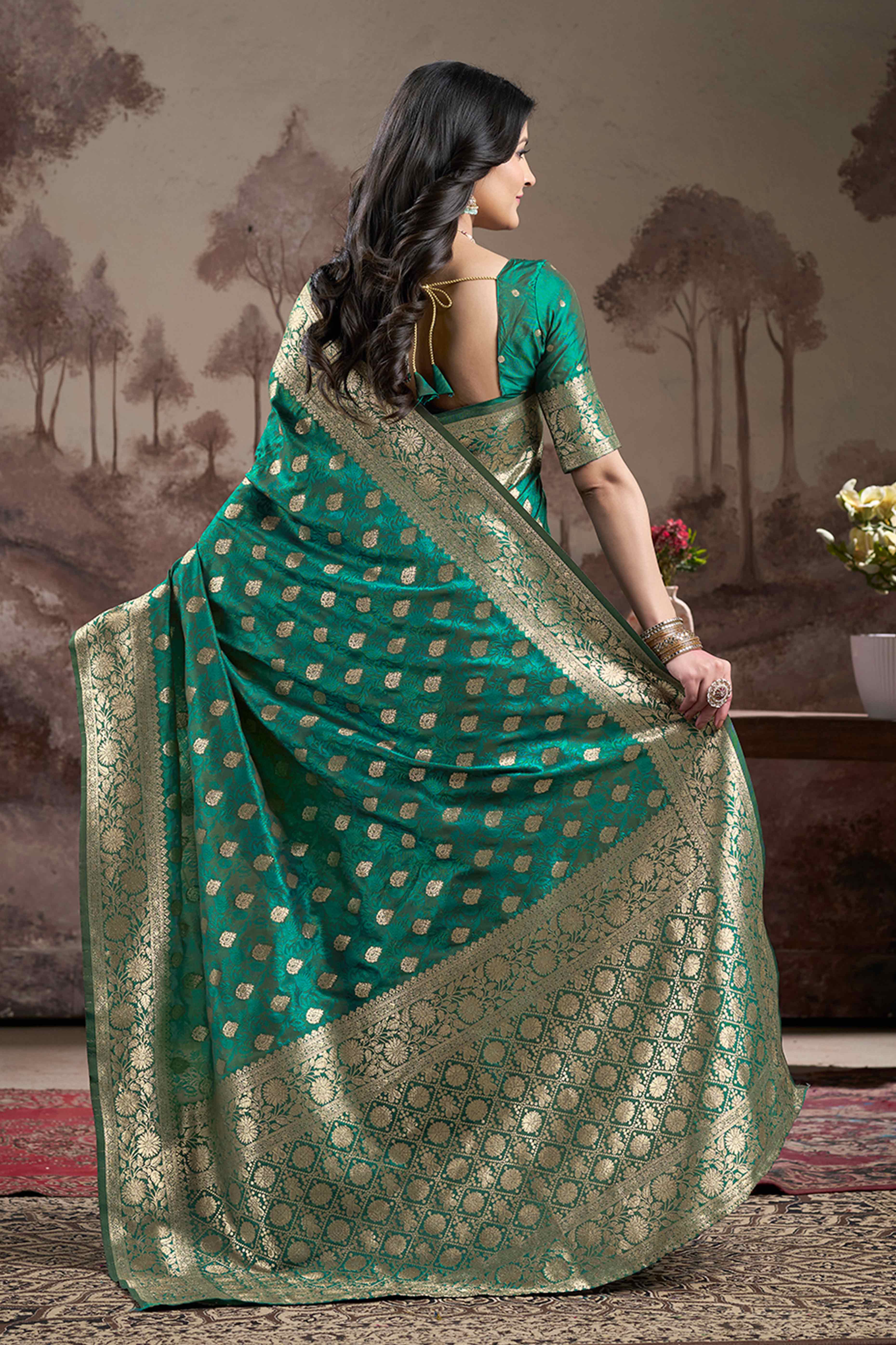 Rama Green Floral Woven Jacquard Silk Saree